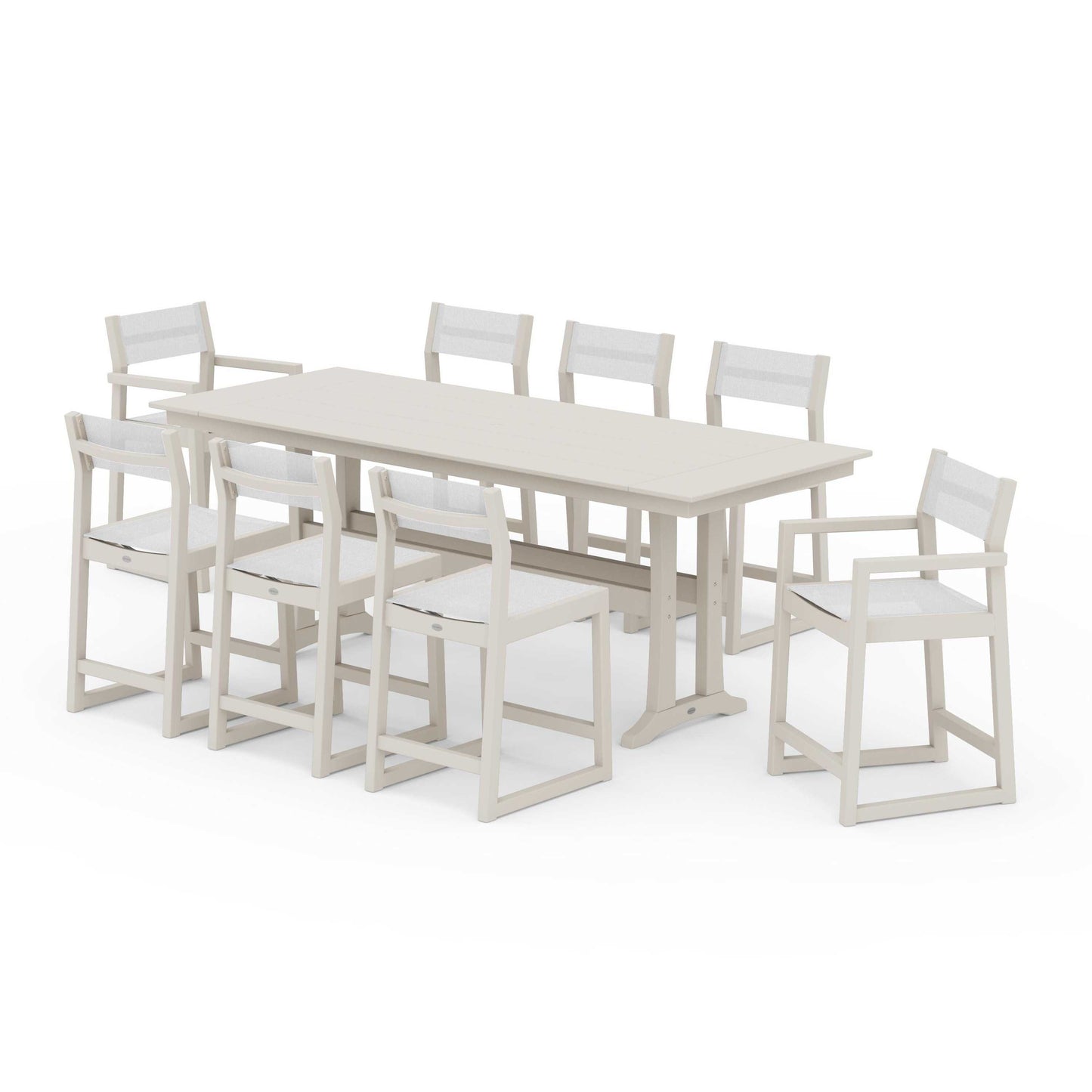 POLYWOOD EDGE Sling 9-Piece Farmhouse Counter Set with Trestle Legs — Sand / White Sling