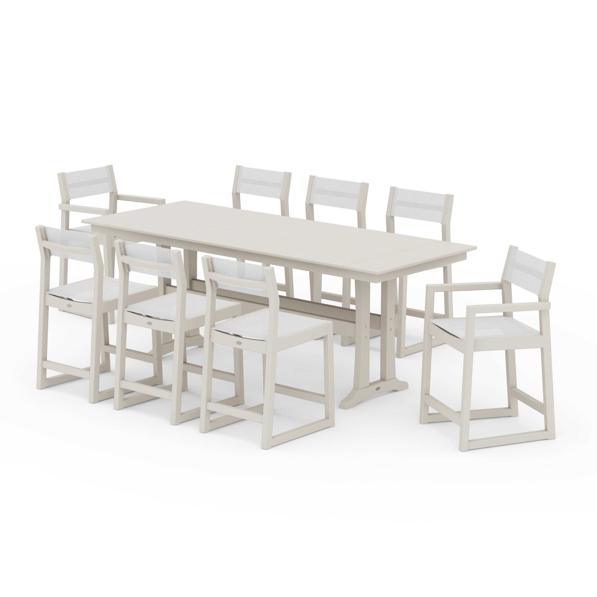 POLYWOOD EDGE Sling 9-Piece Farmhouse Counter Set with Trestle Legs — Sand / White Sling