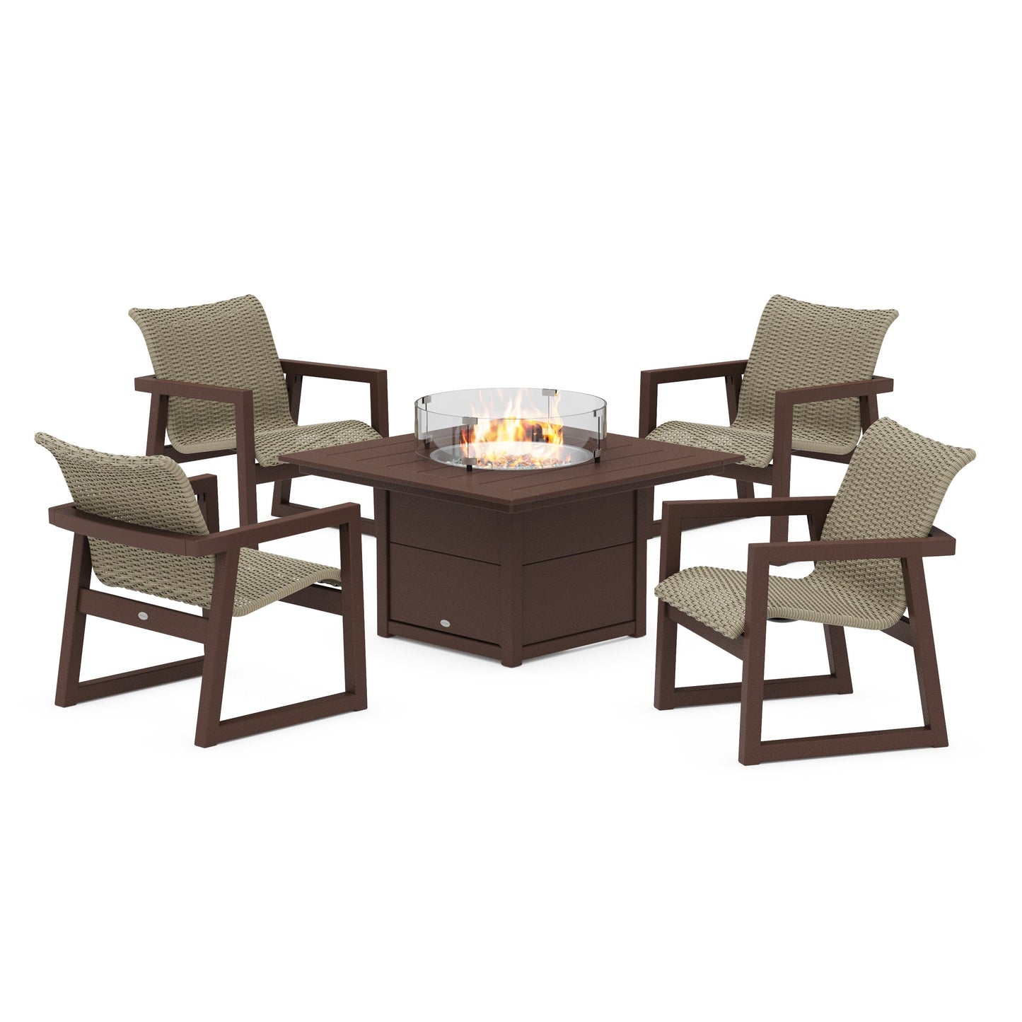 POLYWOOD EDGE Woven 5-Piece Lounge Chair Seating Set with Fire Pit Table — Mahogany / Dune Grass