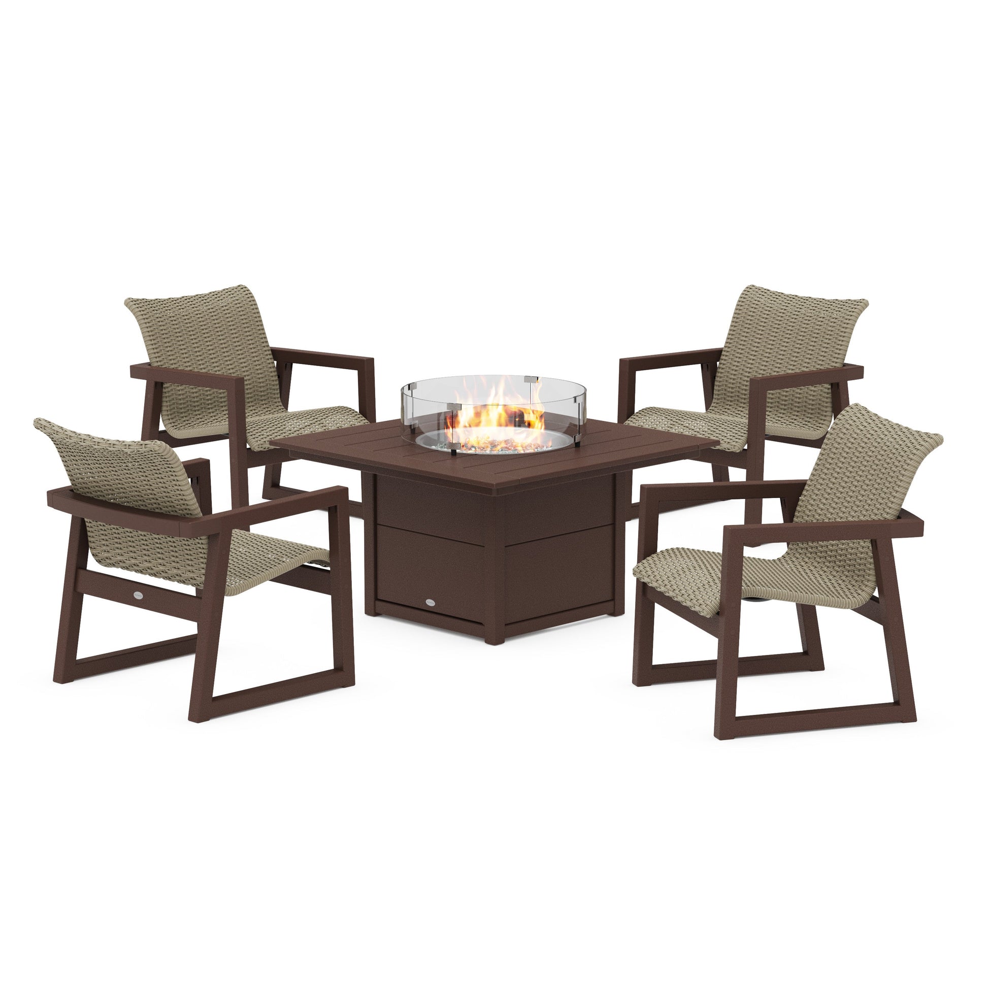 POLYWOOD EDGE Woven 5-Piece Lounge Chair Seating Set with Fire Pit Table — Mahogany / Dune Grass