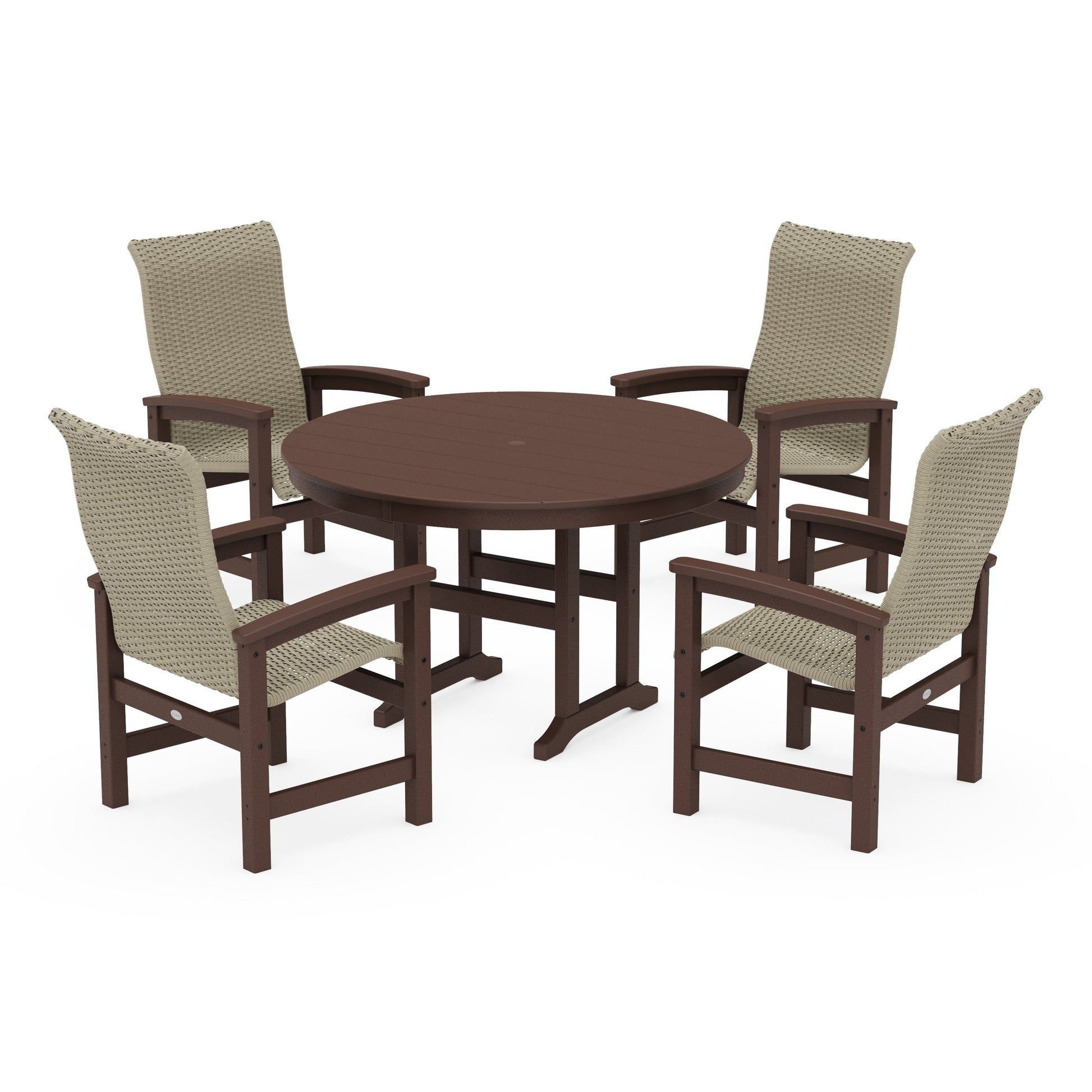 POLYWOOD Coastal Woven High-Back 5-Piece Round Farmhouse Dining Set — Mahogany / Dune Grass