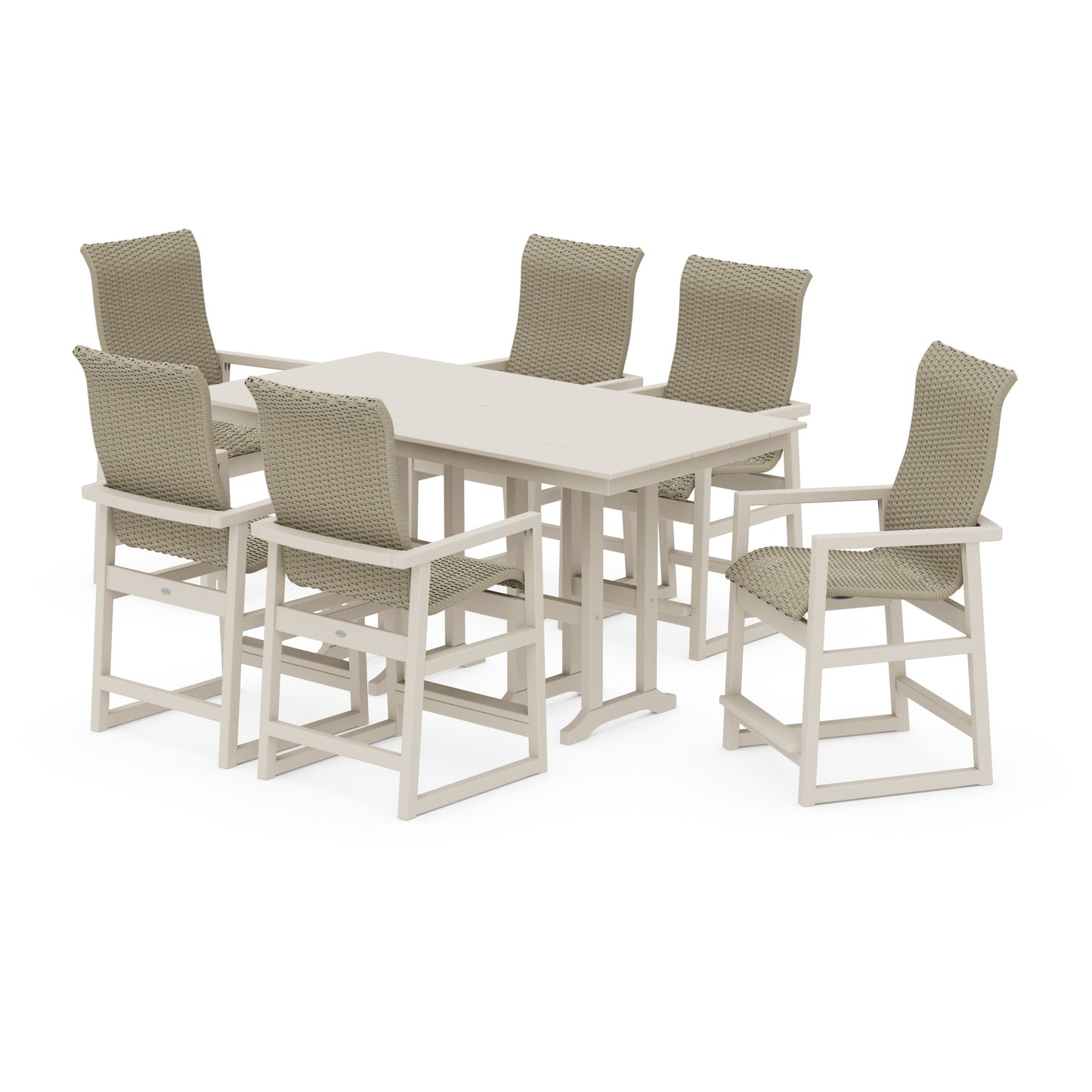 POLYWOOD EDGE Woven Highback Arm Chair 7-Piece Farmhouse Counter Set — Sand / Dune Grass