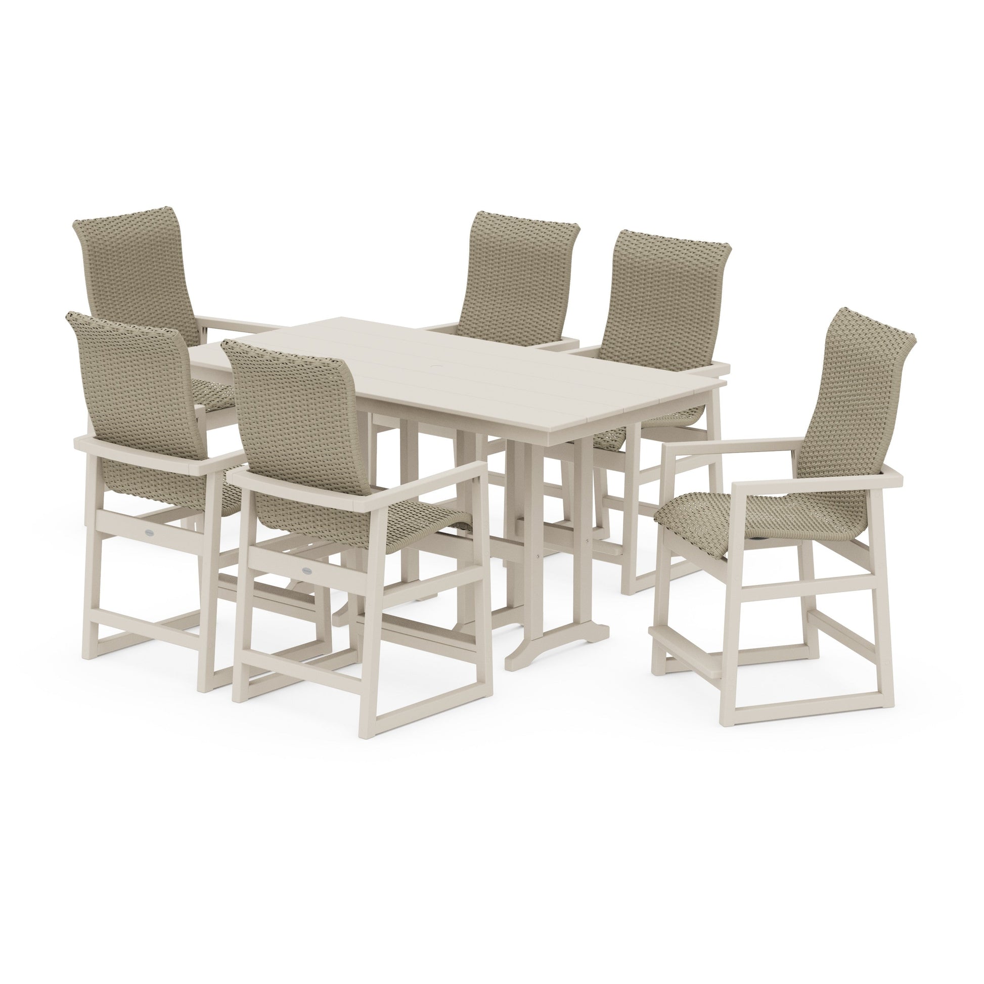 POLYWOOD EDGE Woven Highback Arm Chair 7-Piece Farmhouse Counter Set — Sand / Dune Grass