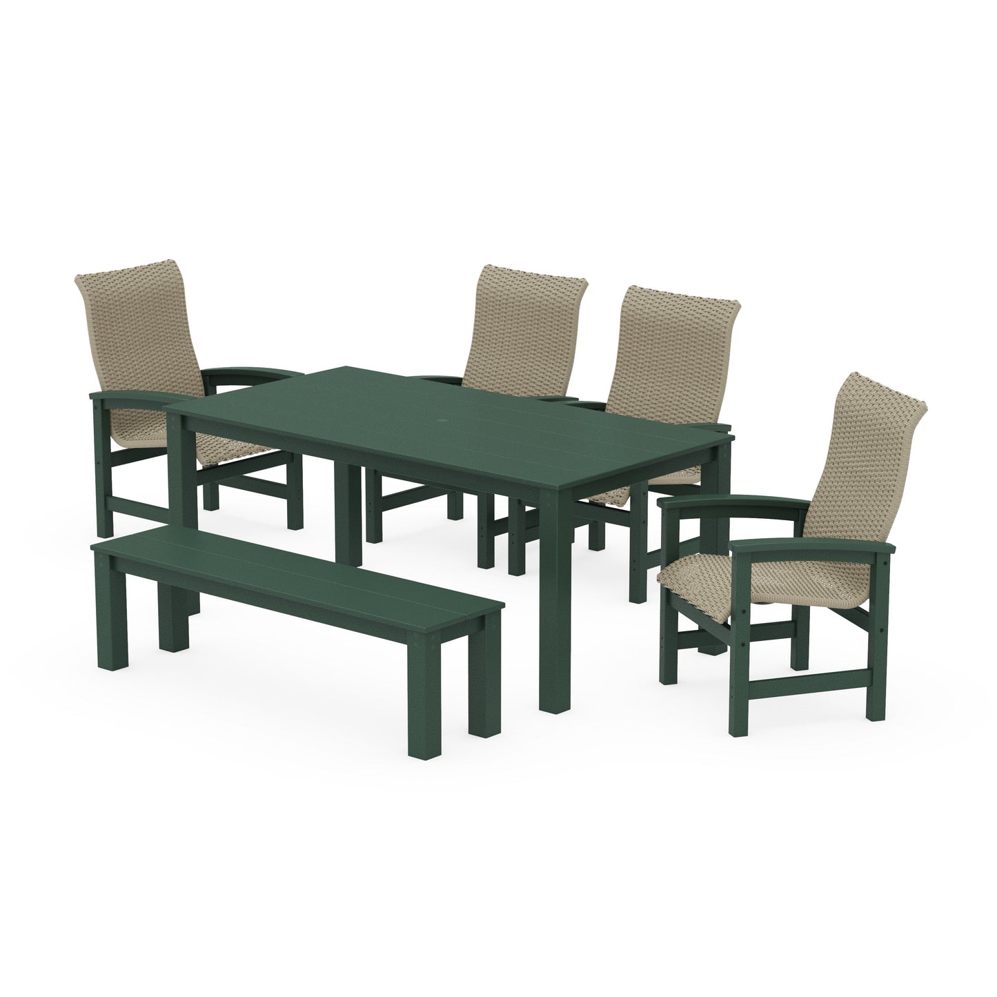 POLYWOOD Coastal Woven High-Back 6-Piece Parsons Dining Set with Bench — Green / Dune Grass