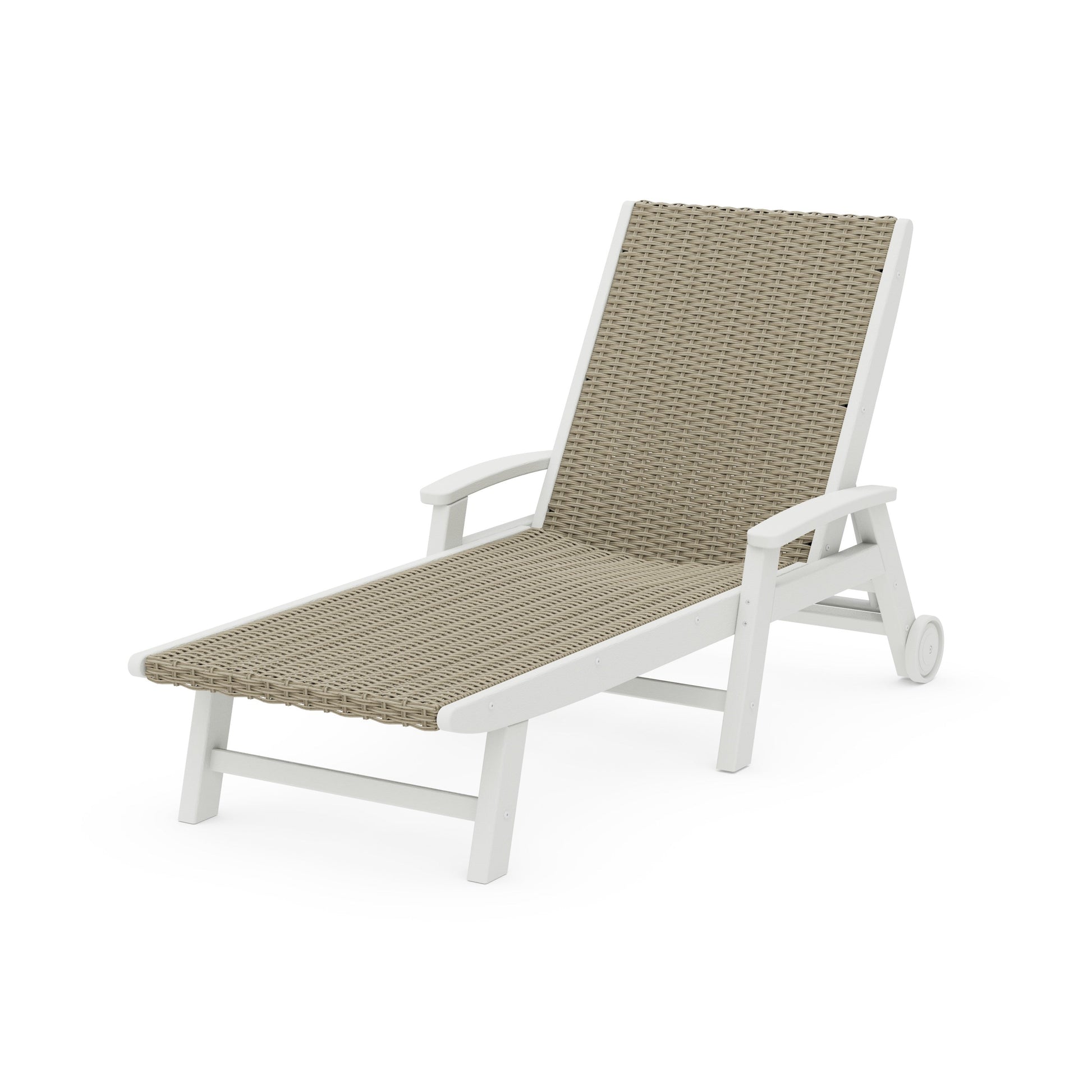 POLYWOOD Coastal Woven Chaise with Arms and Wheels — Vintage White / Dune Grass