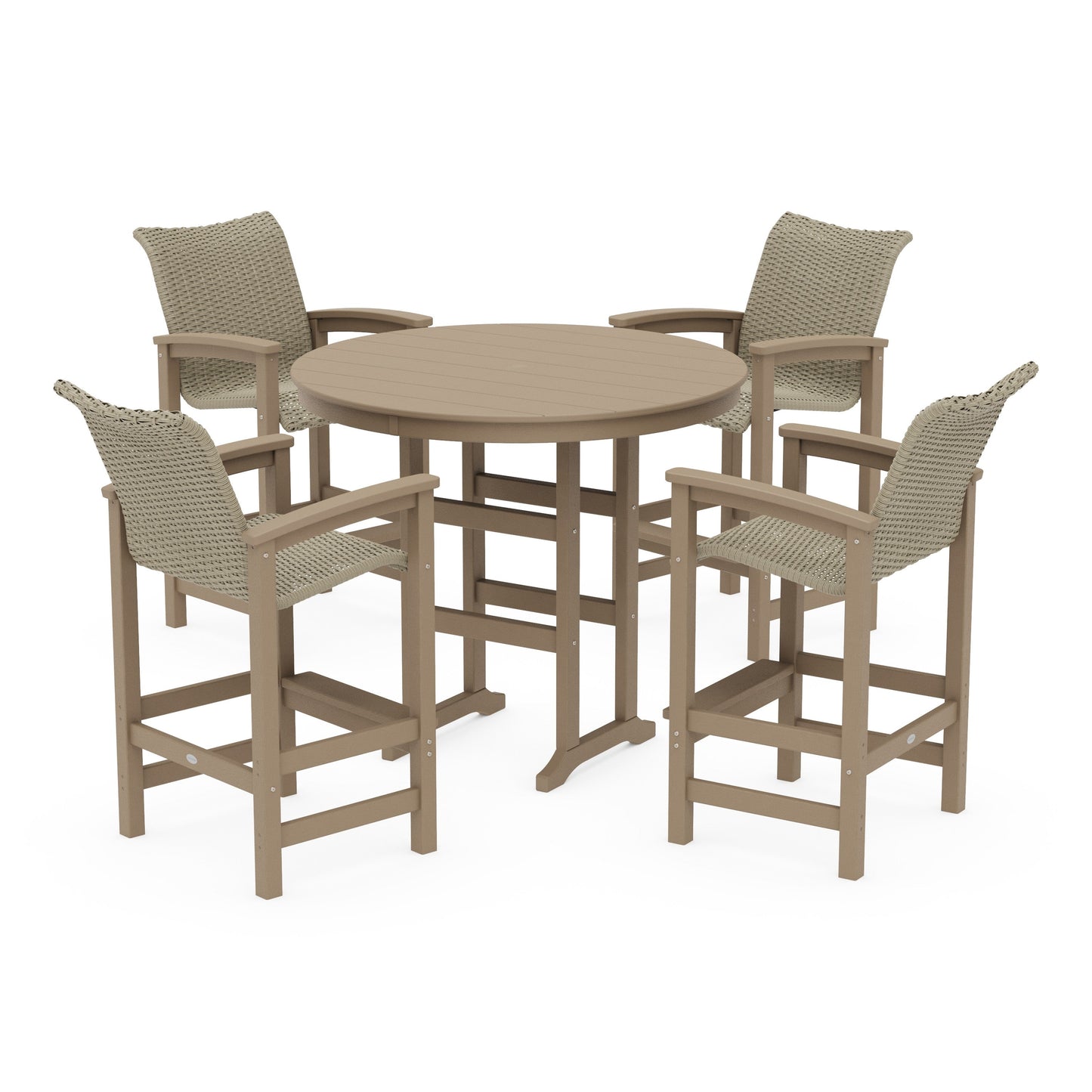 POLYWOOD Coastal Woven 5-Piece Round Farmhouse Bar Set — Vintage Sahara / Dune Grass