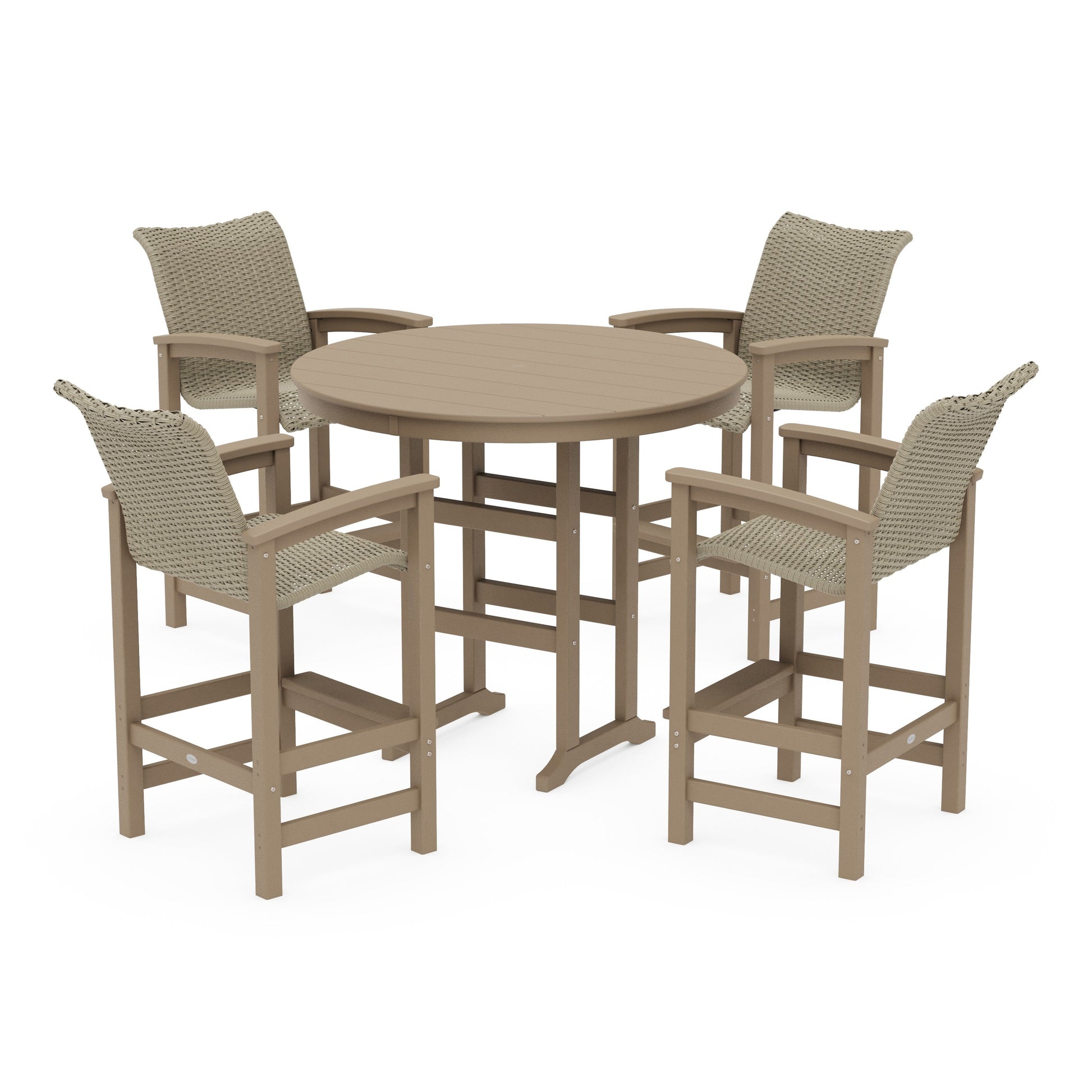 POLYWOOD Coastal Woven 5-Piece Round Farmhouse Bar Set — Vintage Sahara / Dune Grass
