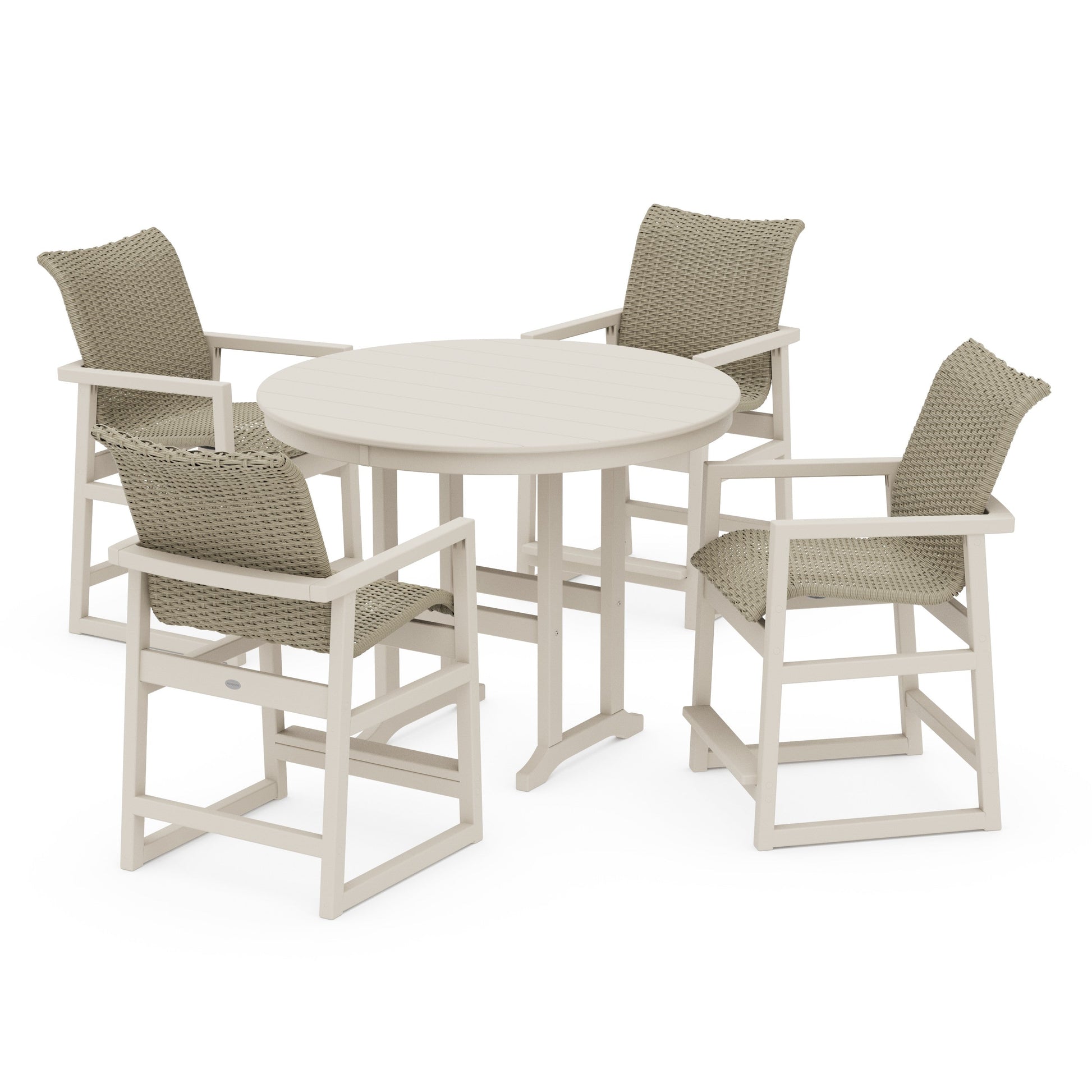 POLYWOOD EDGE Woven 5-Piece Round Farmhouse Counter Set — Sand / Dune Grass