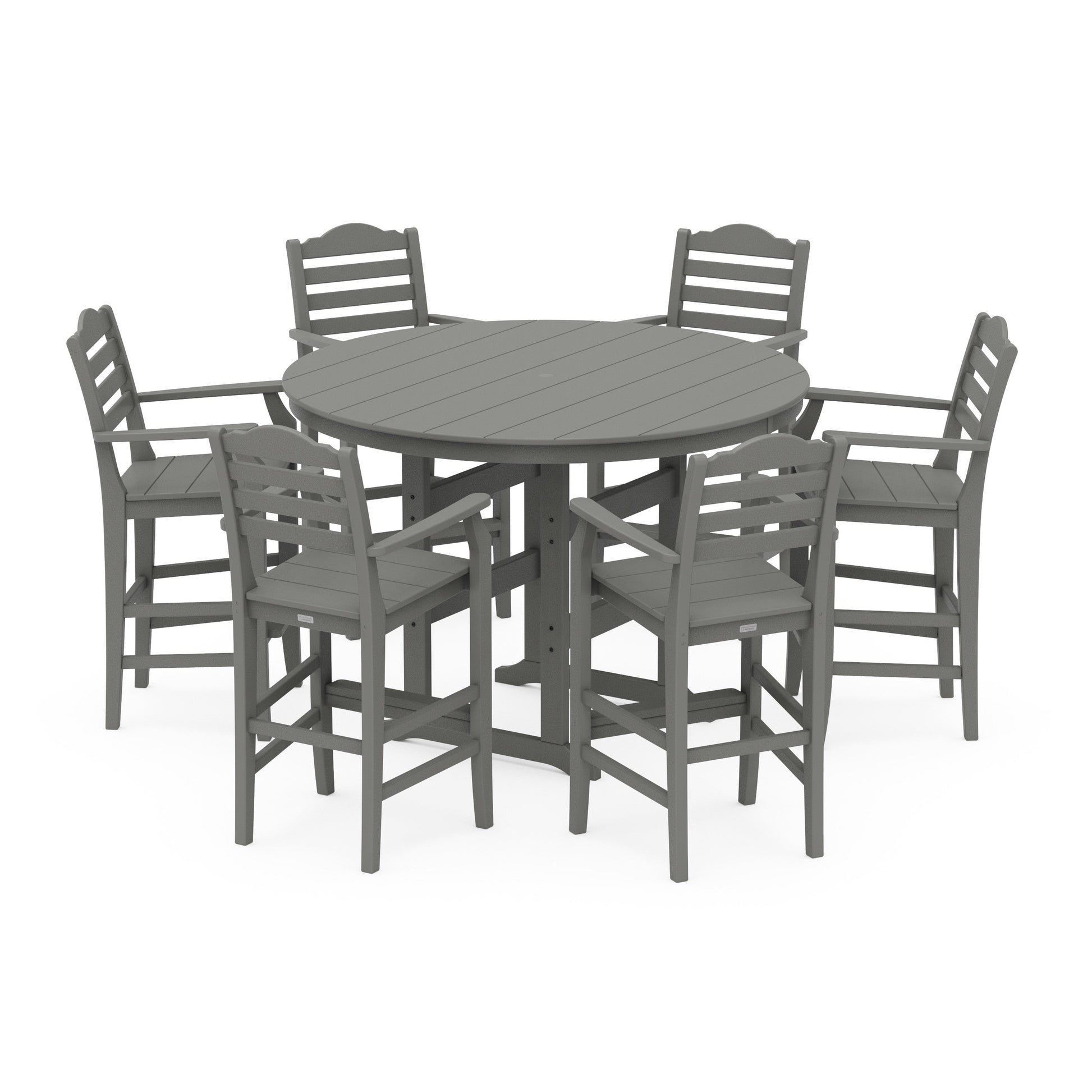 POLYWOOD Savannah 7-Piece Arm Chair Round Farmhouse Bar Set — Slate Grey