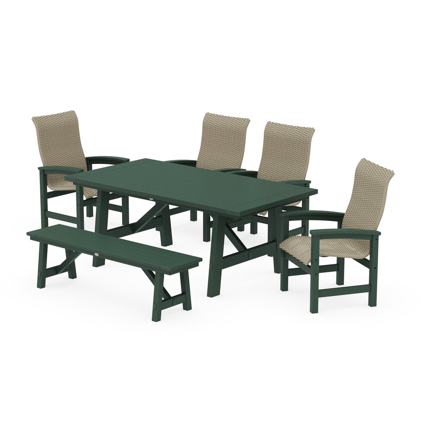 POLYWOOD Coastal Woven High-Back 6-Piece Rustic Farmhouse Dining Set with Bench — Green / Dune Grass