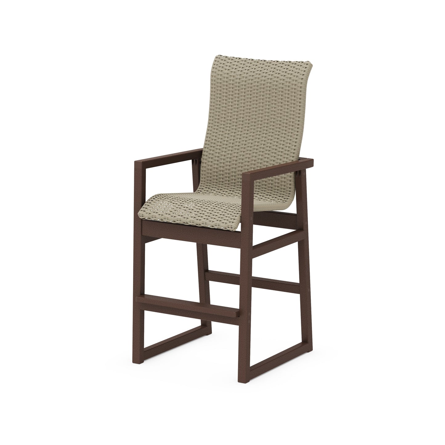 POLYWOOD EDGE Woven High-Back Bar Arm Chair — Mahogany / Dune Grass