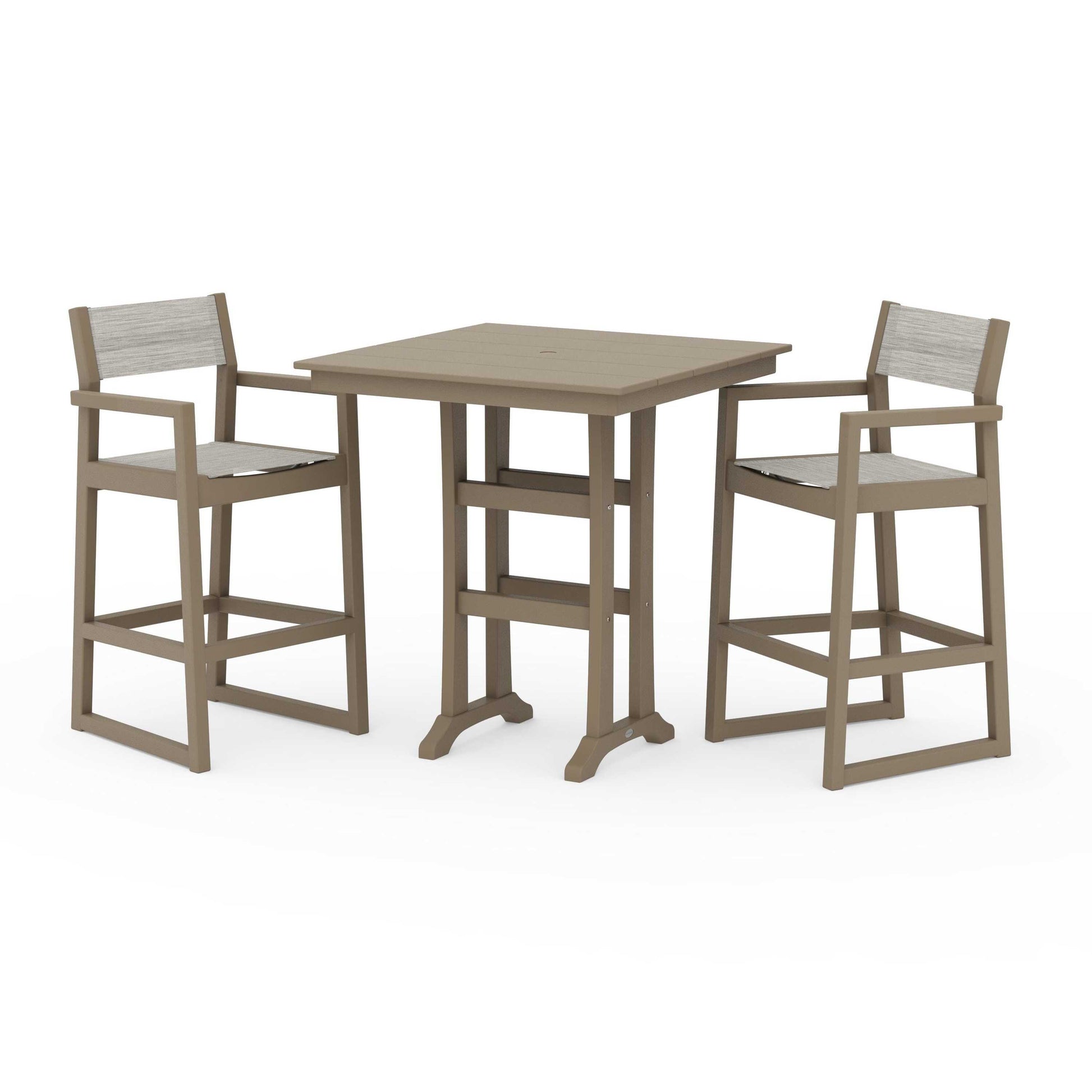 POLYWOOD EDGE Sling Arm Chair 3-Piece Farmhouse Bar Set with Trestle Legs — Vintage Sahara / Birch Sling