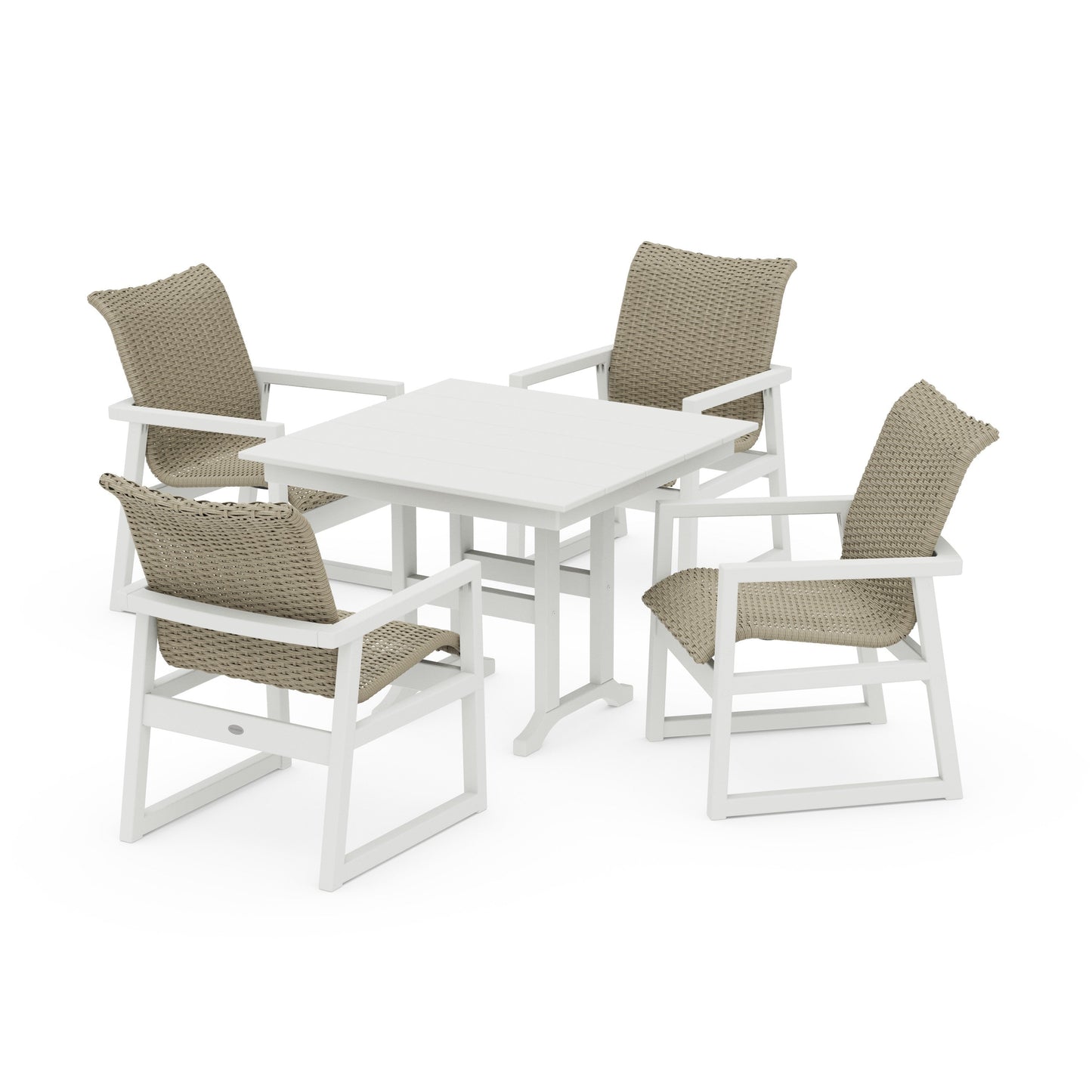 POLYWOOD EDGE Woven 5-Piece Farmhouse Dining Set — Vintage White / Dune Grass