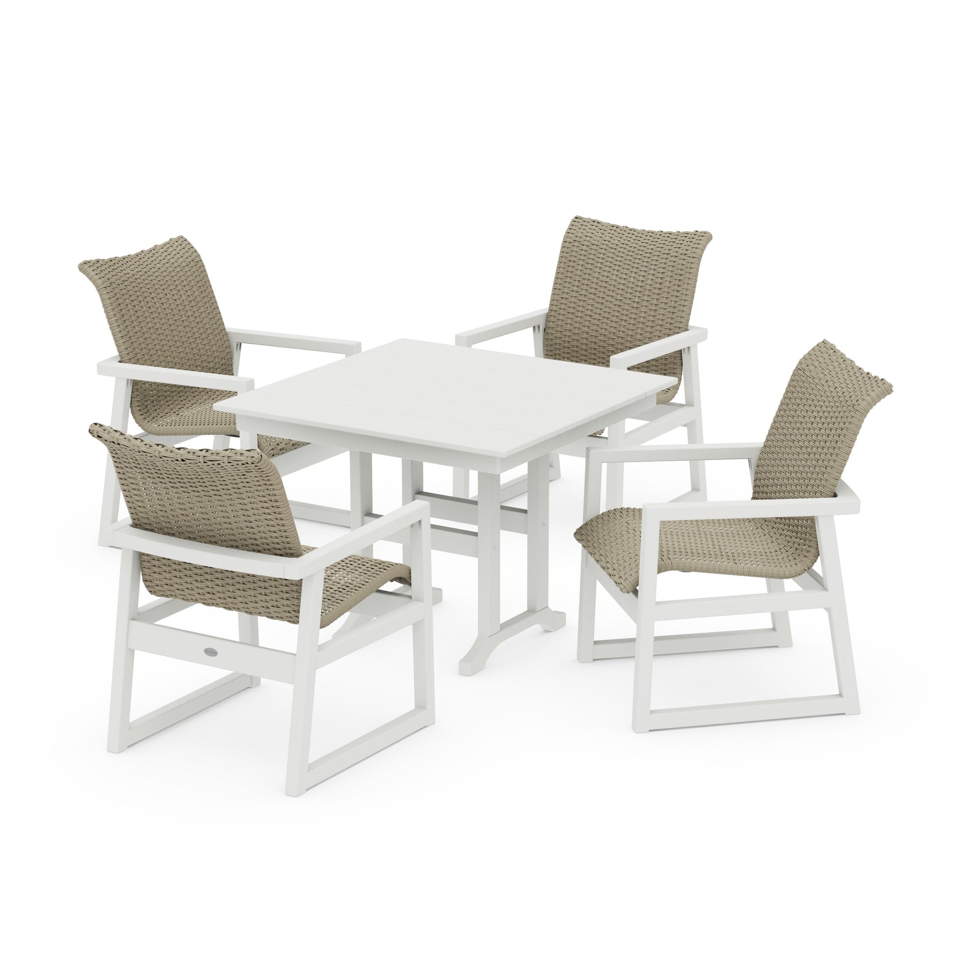 POLYWOOD EDGE Woven 5-Piece Farmhouse Dining Set — Vintage White / Dune Grass