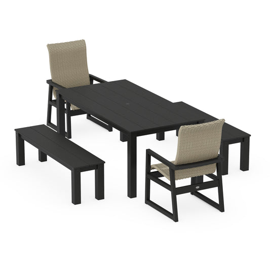 POLYWOOD EDGE Woven Highback 5-Piece Parsons Dining Set with Benches — Black / Dune Grass