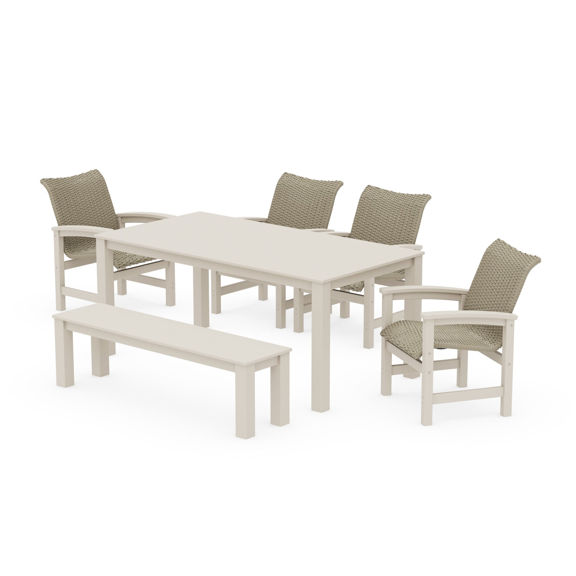 POLYWOOD Coastal Woven 6-Piece Parsons Dining Set with Bench — Sand / Dune Grass