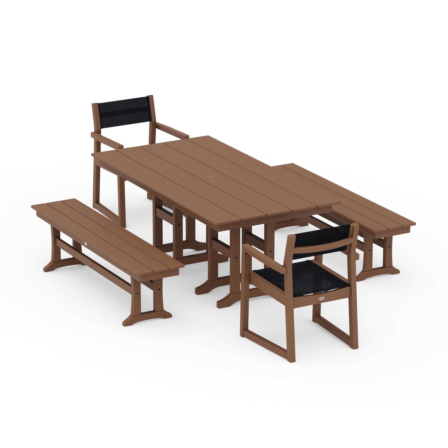 POLYWOOD EDGE Sling Arm Chair 5-Piece Farmhouse Dining Set with Benches — Teak / Black Sling