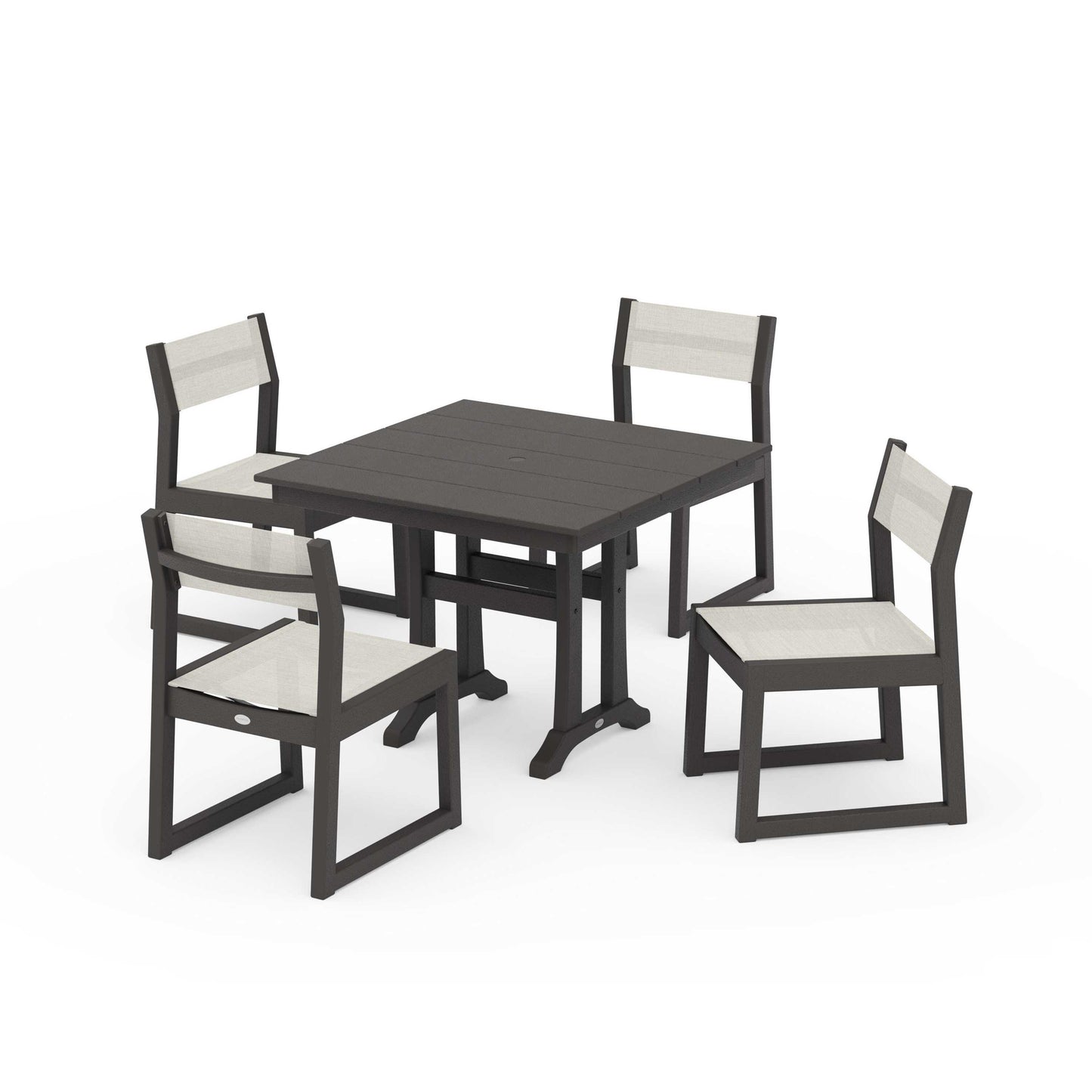 POLYWOOD EDGE Sling 5-Piece Farmhouse Trestle Side Chair Dining Set — Vintage Coffee / Parchment Sling