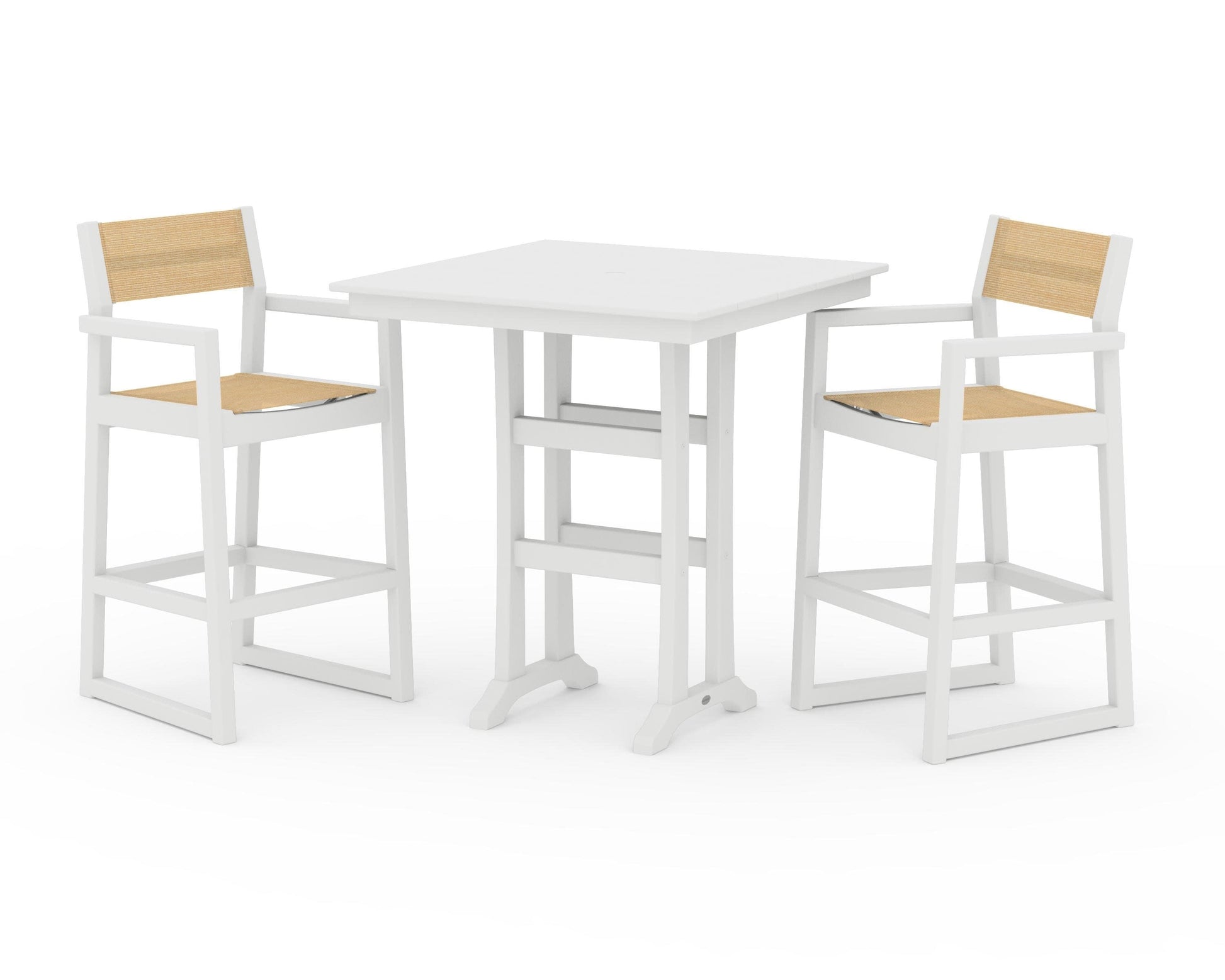 POLYWOOD EDGE Sling Arm Chair 3-Piece Farmhouse Bar Set with Trestle Legs — White / Dupioni Apricot Sling