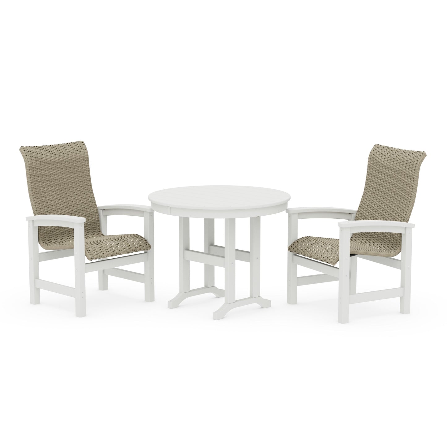 POLYWOOD Coastal Woven High-Back 3-Piece Farmhouse Dining Set — Vintage White / Dune Grass