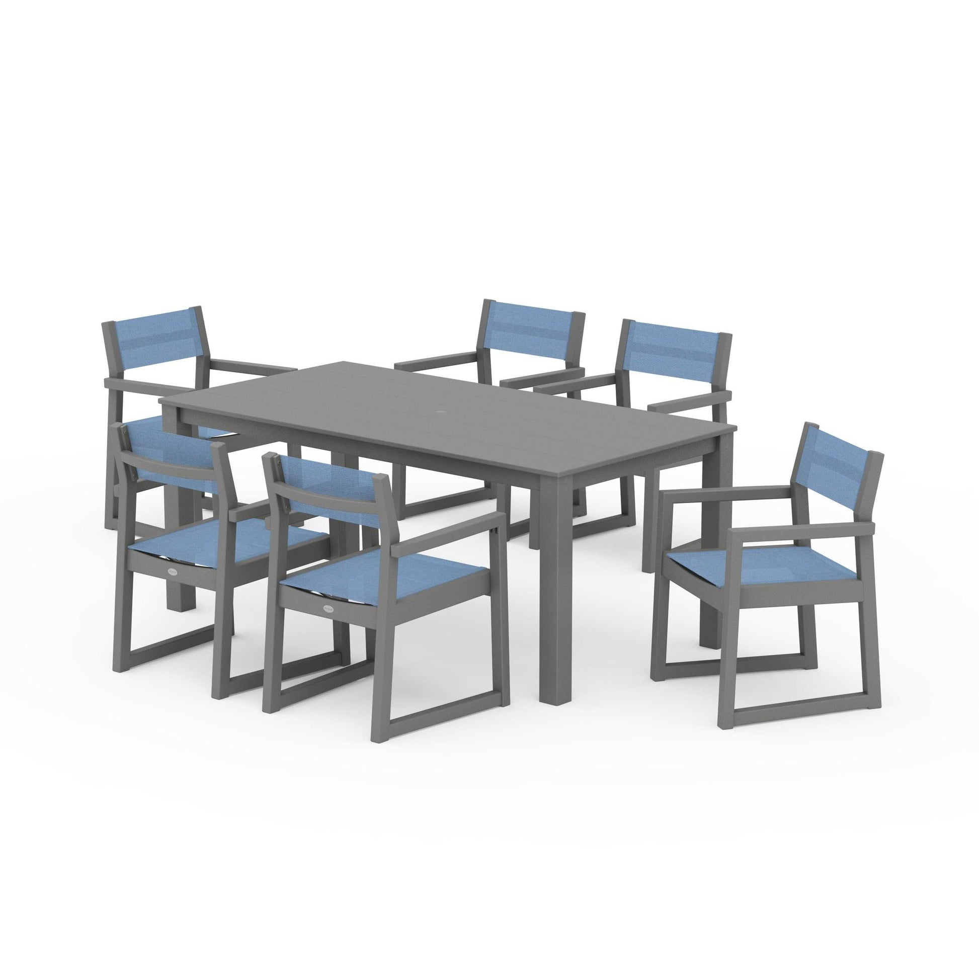 POLYWOOD EDGE Sling Arm Chair 7-Piece Parsons Dining Set — Slate Grey / Poolside Sling