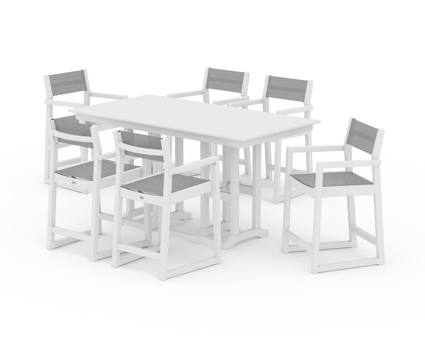 POLYWOOD EDGE Sling Arm Chair 7-Piece Farmhouse Counter Set — White / Metallic Sling