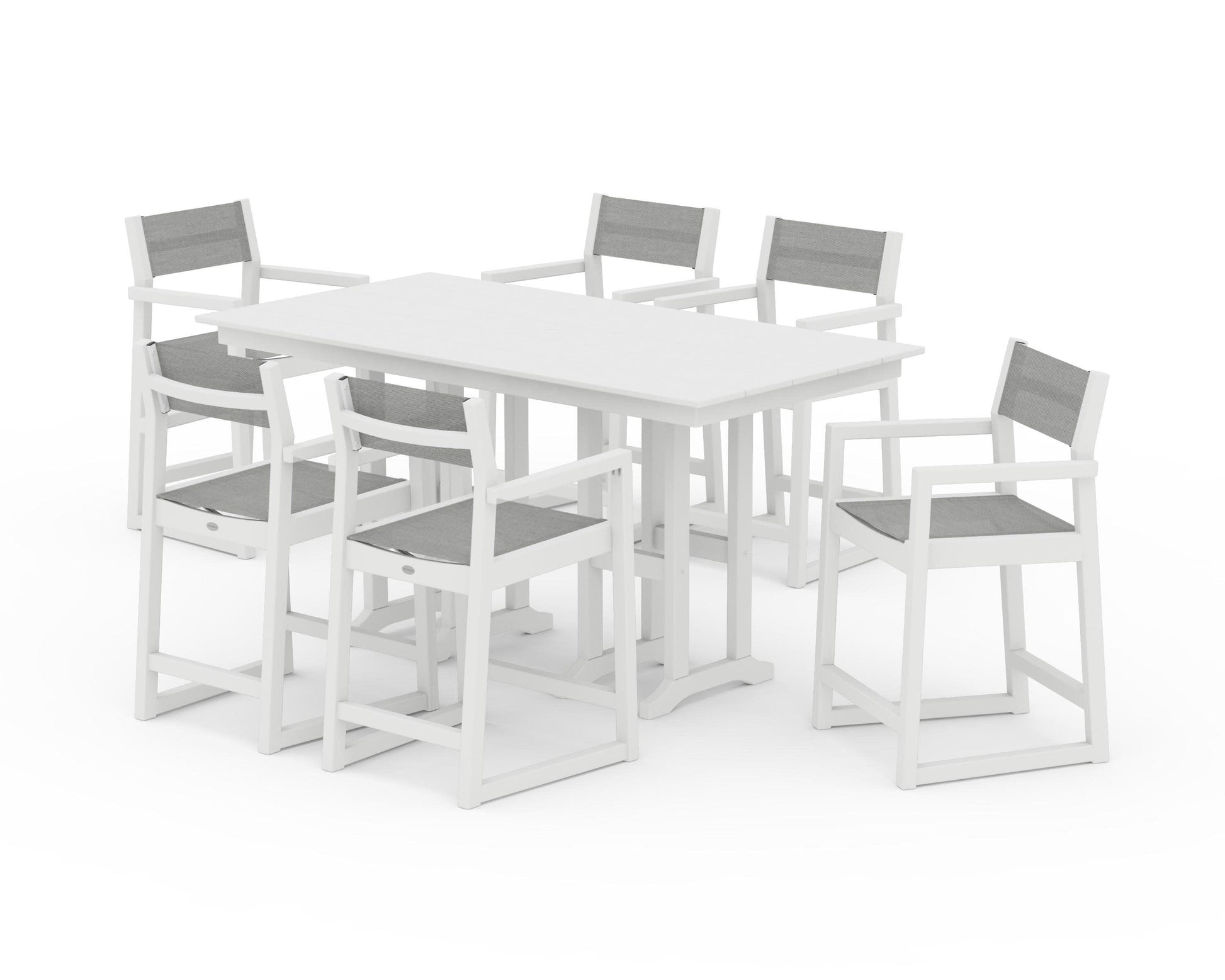 POLYWOOD EDGE Sling Arm Chair 7-Piece Farmhouse Counter Set — White / Metallic Sling