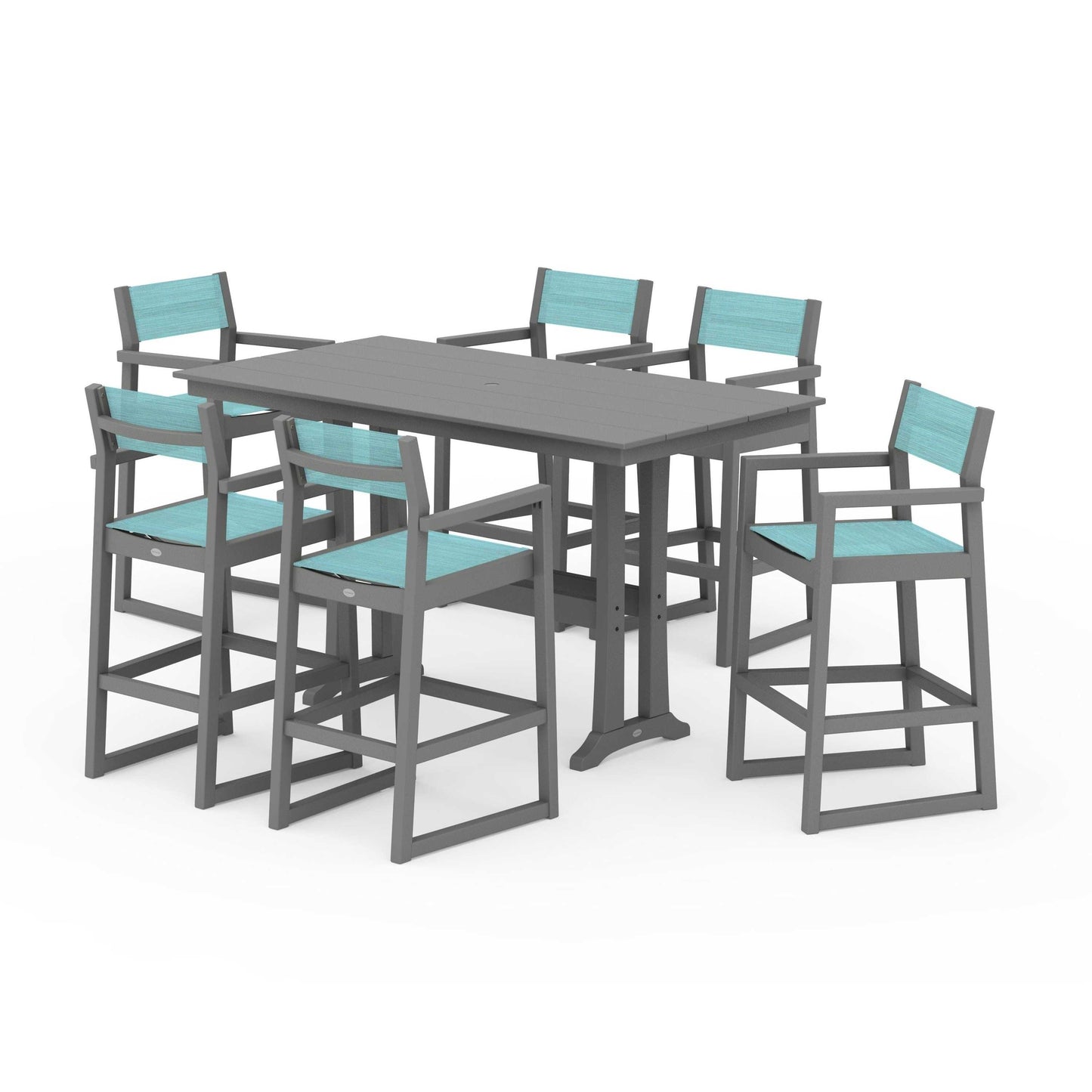 POLYWOOD EDGE Sling Arm Chair 7-Piece Farmhouse Bar Set with Trestle Legs — Slate Grey / Dupioni Aquamarine Sling