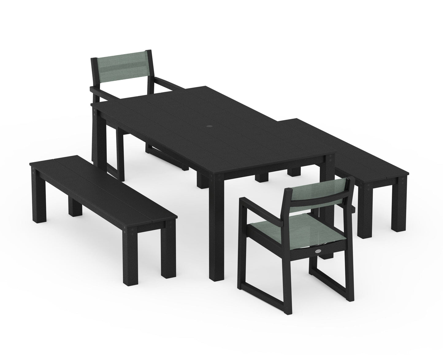 POLYWOOD EDGE Sling Arm Chair 5-Piece Parsons Dining Set with Benches — Black / Dupioni Sea Mist Sling