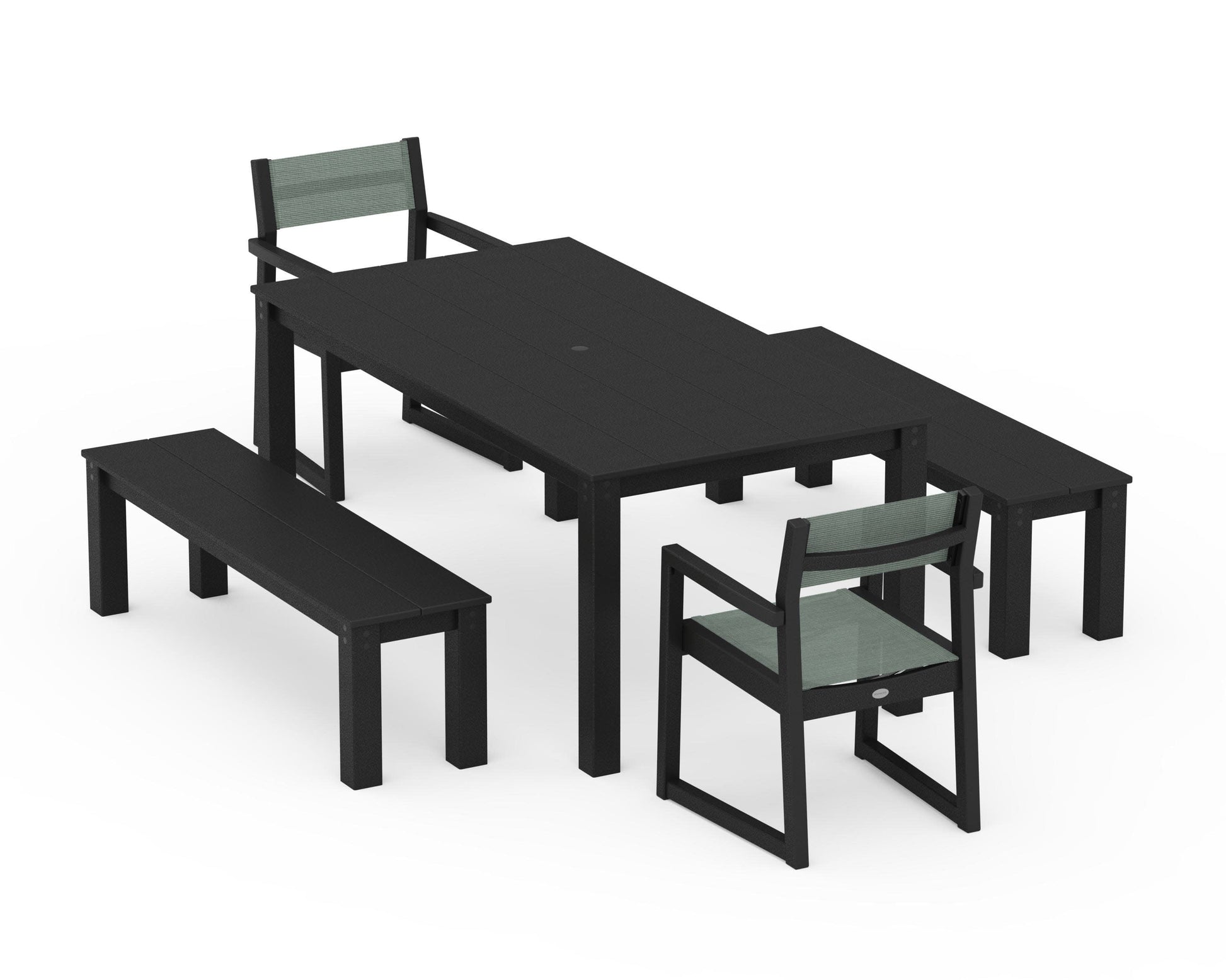 POLYWOOD EDGE Sling Arm Chair 5-Piece Parsons Dining Set with Benches — Black / Dupioni Sea Mist Sling