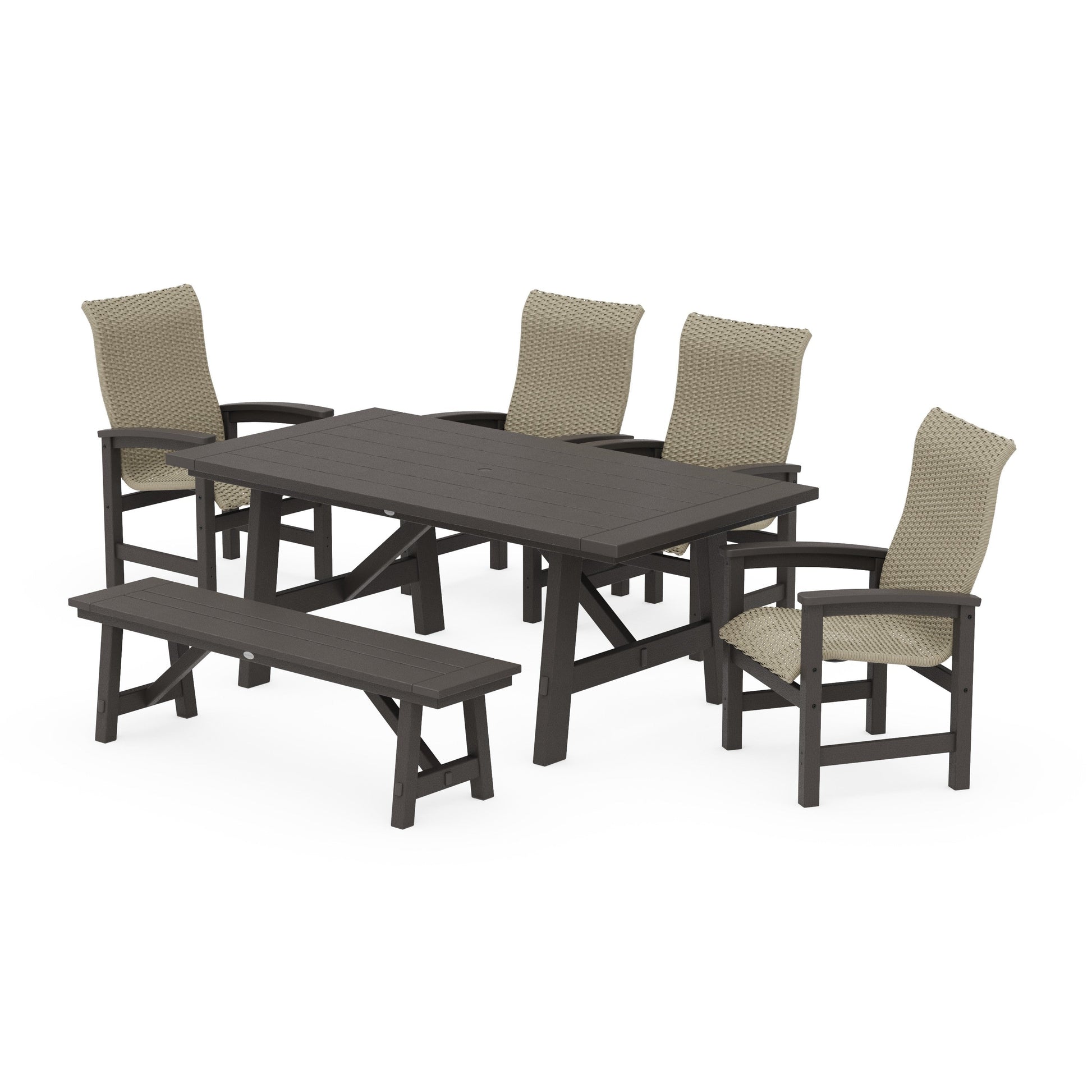 POLYWOOD Coastal Woven High-Back 6-Piece Rustic Farmhouse Dining Set with Bench — Vintage Coffee / Dune Grass