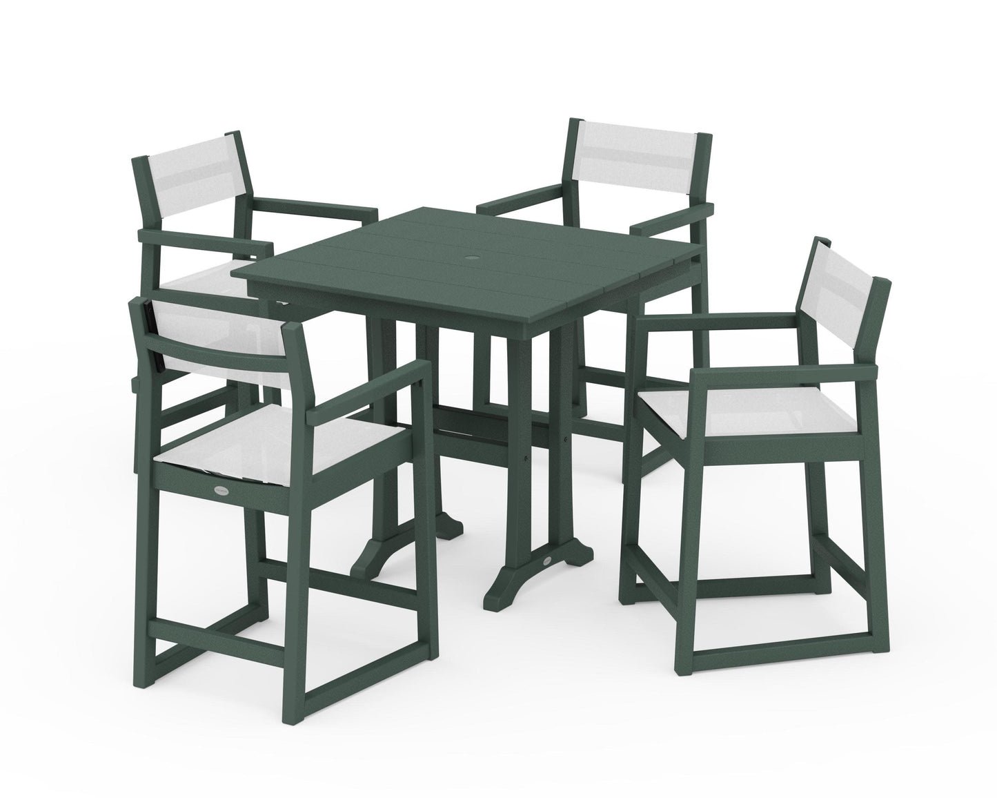 POLYWOOD EDGE Sling Arm Chair 5-Piece Farmhouse Counter Set with Trestle Legs — Green / White Sling