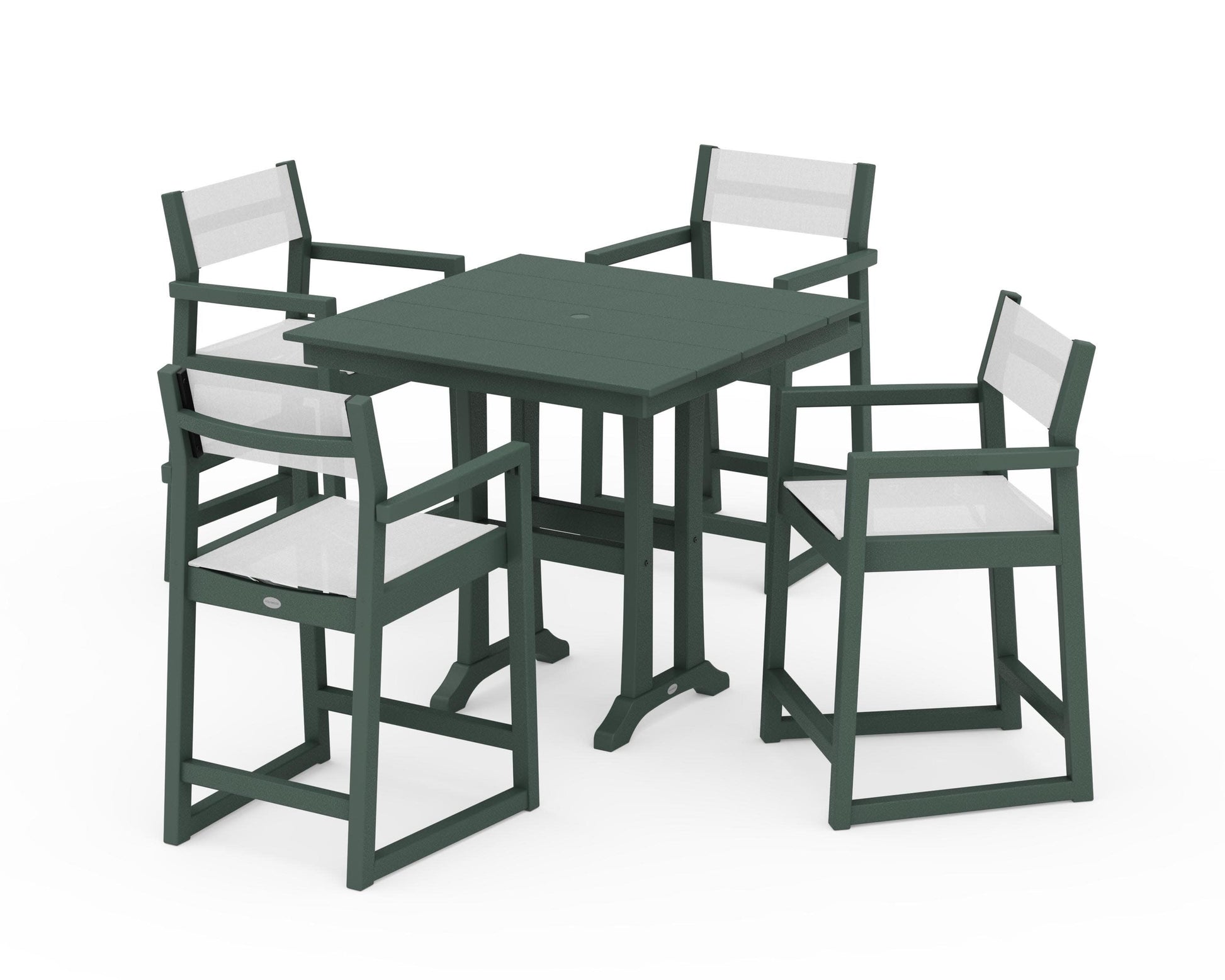 POLYWOOD EDGE Sling Arm Chair 5-Piece Farmhouse Counter Set with Trestle Legs — Green / White Sling