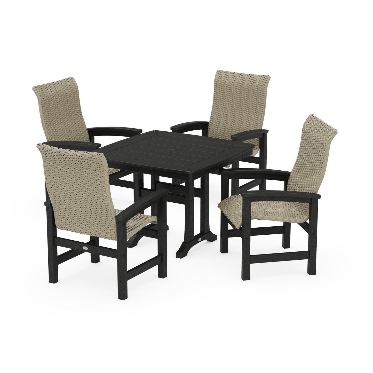 POLYWOOD Coastal Woven High-Back 5-Piece Dining Set with Trestle Legs — Black / Dune Grass