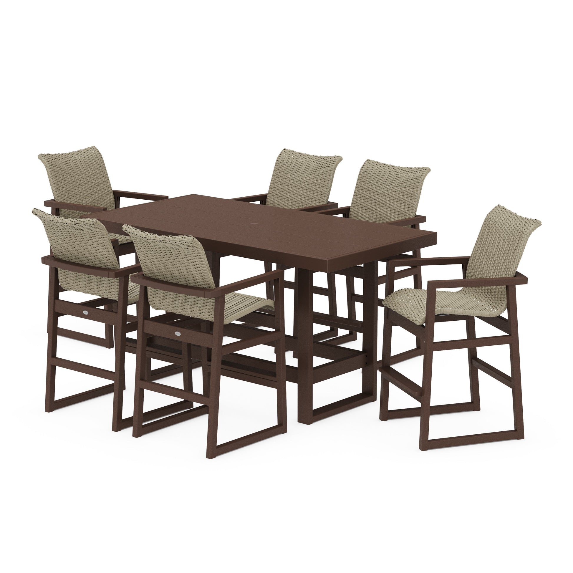 POLYWOOD EDGE Woven Arm Chair 7-Piece Bar Set — Mahogany / Dune Grass
