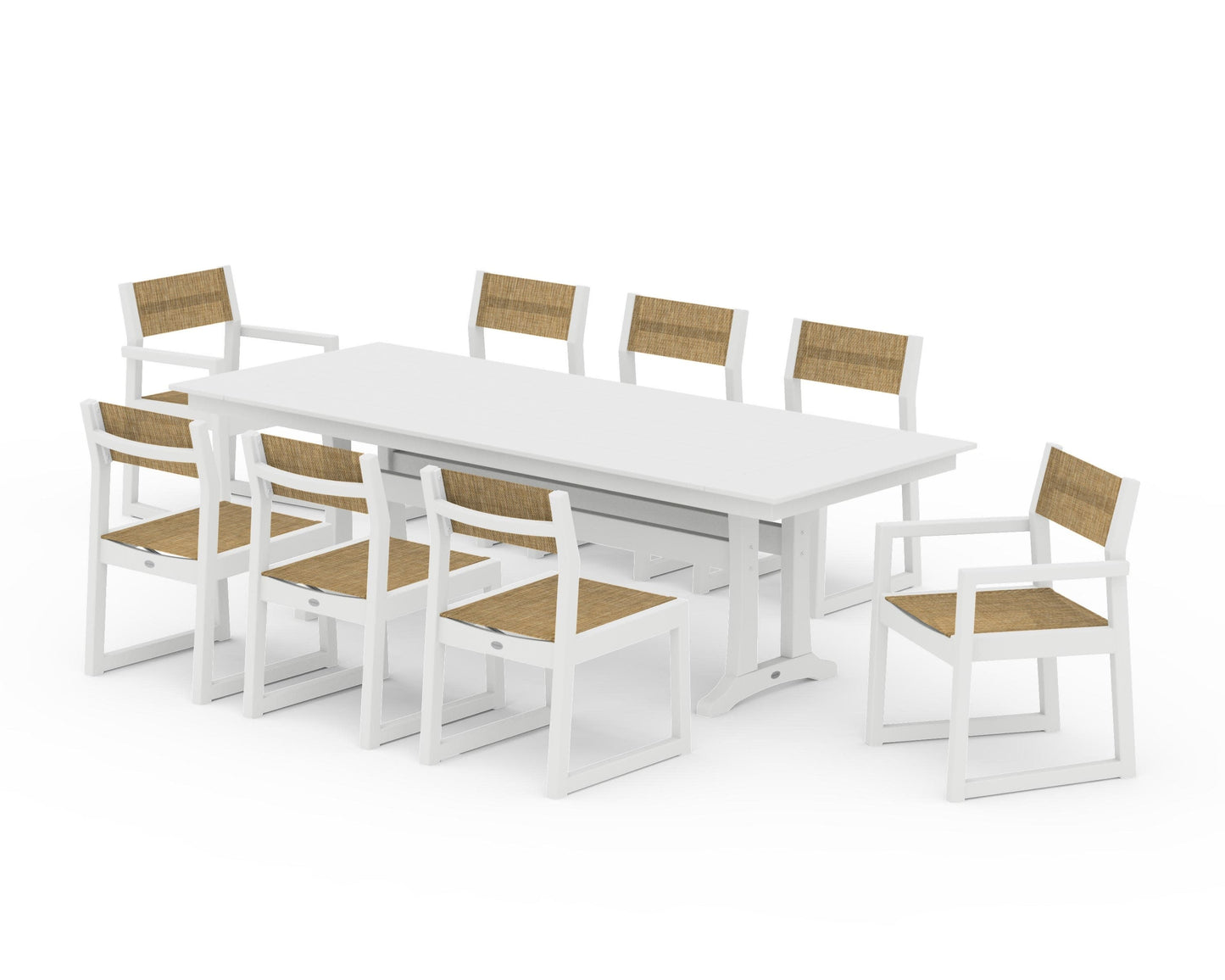POLYWOOD EDGE Sling 9-Piece Farmhouse Trestle Dining Set — White / Burlap Sling