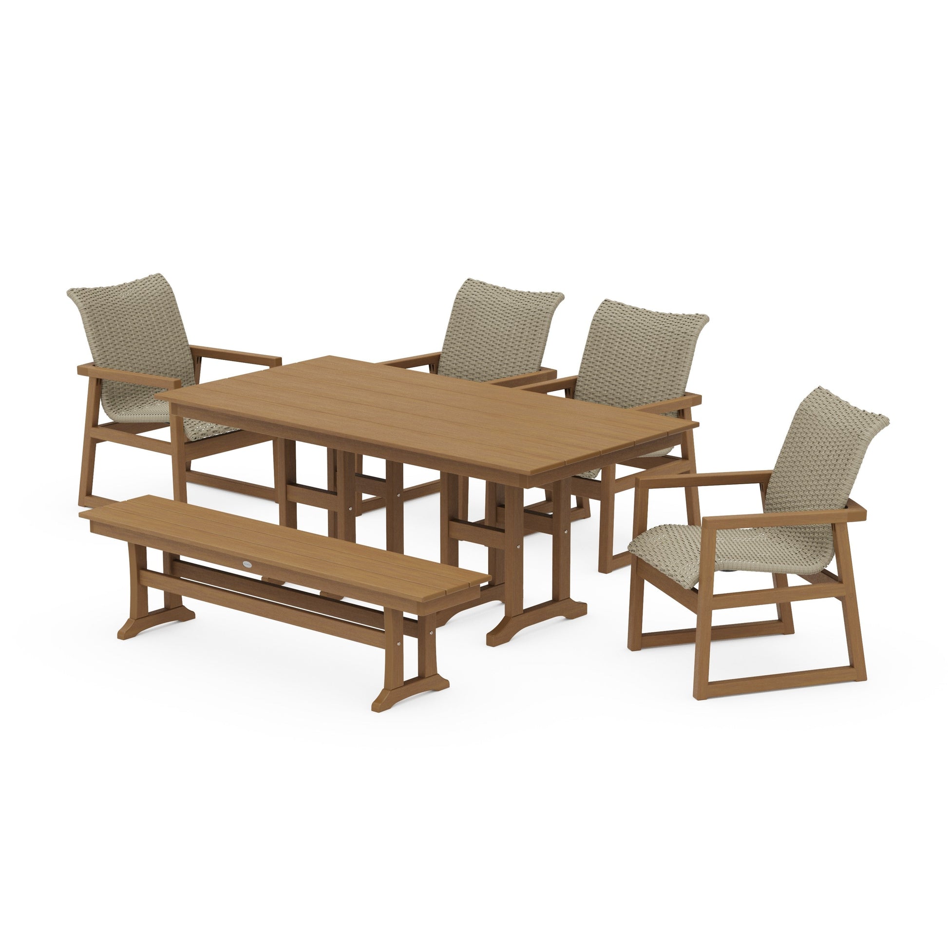 POLYWOOD EDGE Woven 6-Piece Farmhouse Dining Set with Bench — Natural / Dune Grass