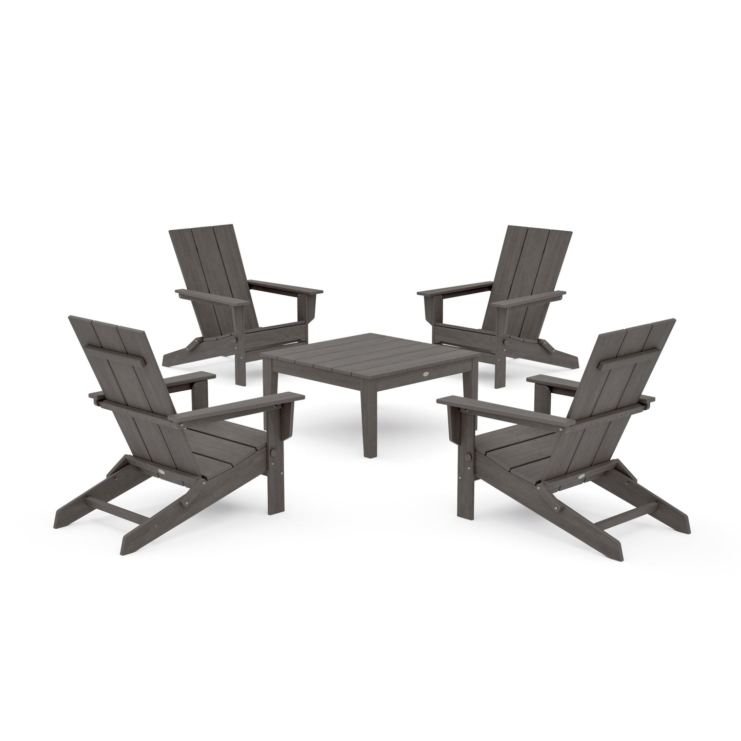 POLYWOOD 5-Piece Modern Studio Folding Adirondack Chair Conversation Group — Driftwood