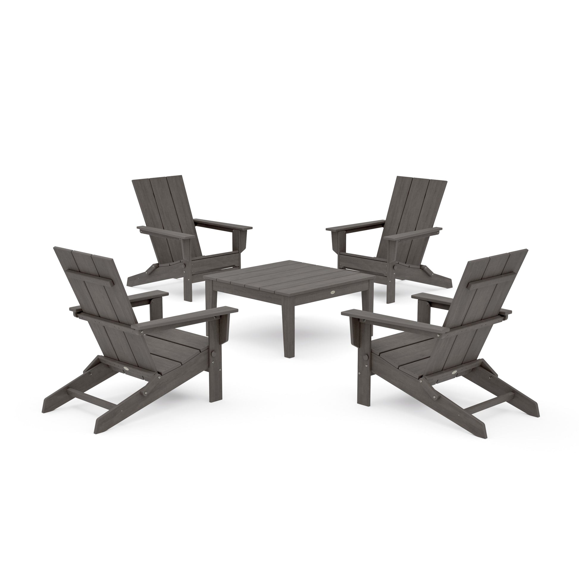 POLYWOOD 5-Piece Modern Studio Folding Adirondack Chair Conversation Group — Driftwood