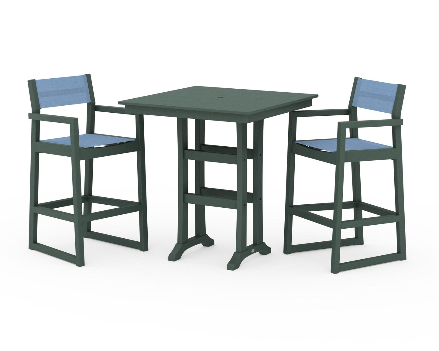 POLYWOOD EDGE Sling Arm Chair 3-Piece Farmhouse Bar Set with Trestle Legs — Green / Poolside Sling
