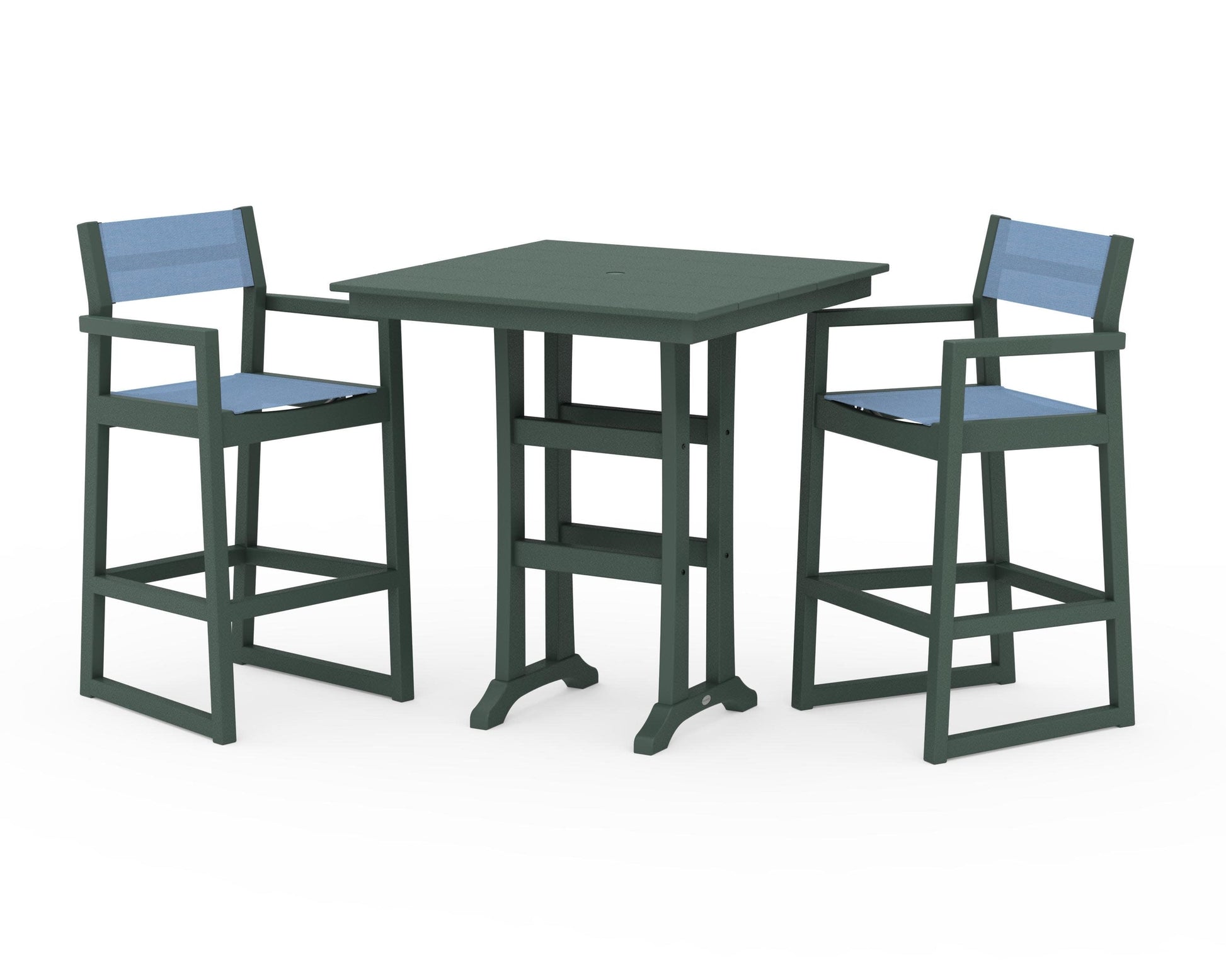 POLYWOOD EDGE Sling Arm Chair 3-Piece Farmhouse Bar Set with Trestle Legs — Green / Poolside Sling