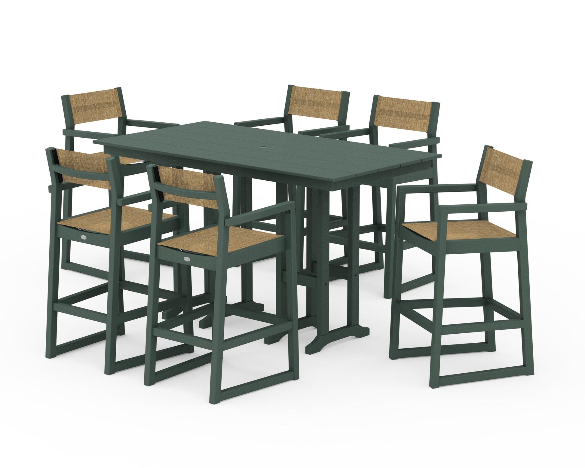 POLYWOOD EDGE Sling Arm Chair 7-Piece Farmhouse Bar Set — Green / Burlap Sling