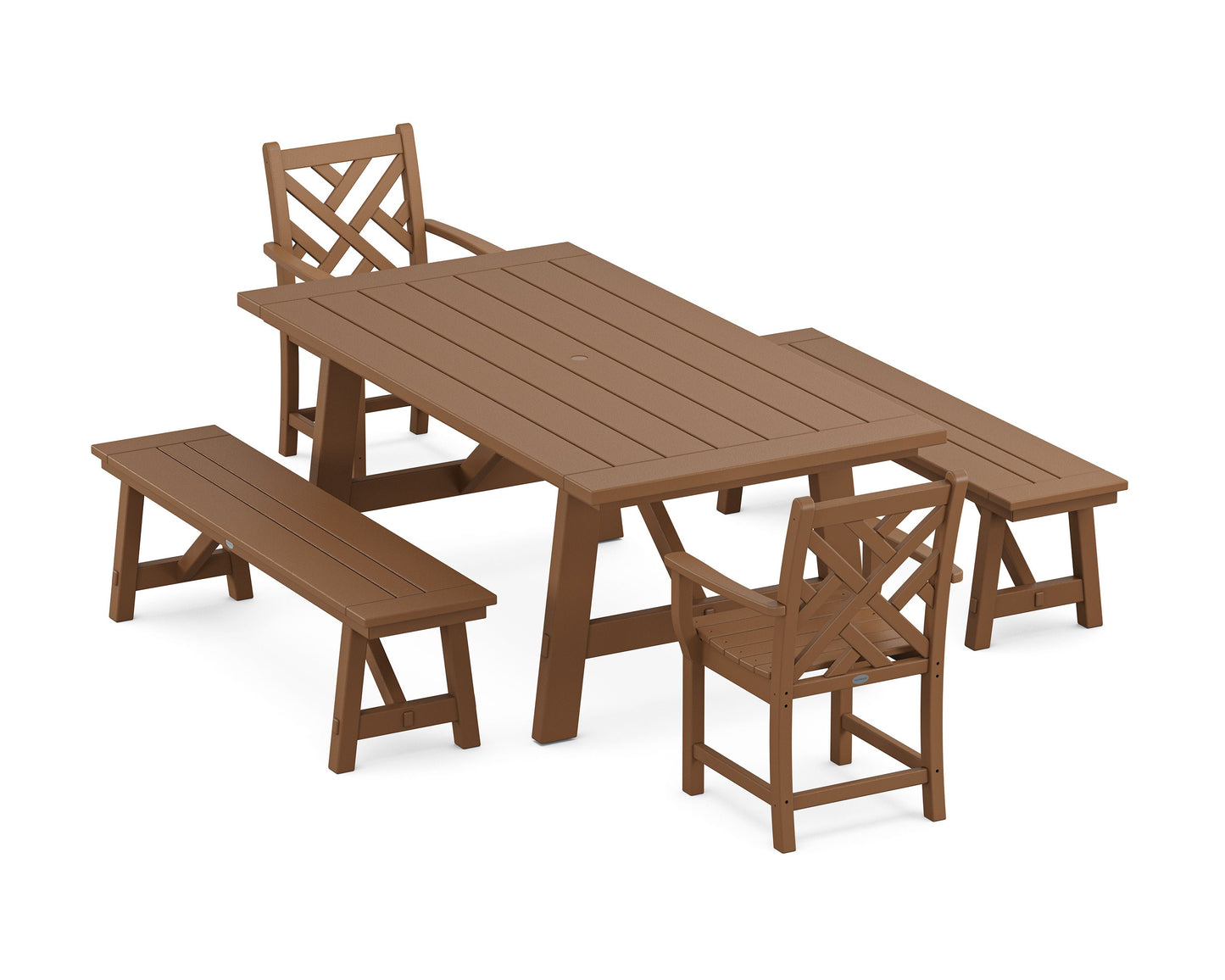 POLYWOOD Chippendale 5-Piece Rustic Farmhouse Dining Set With Benches — Teak