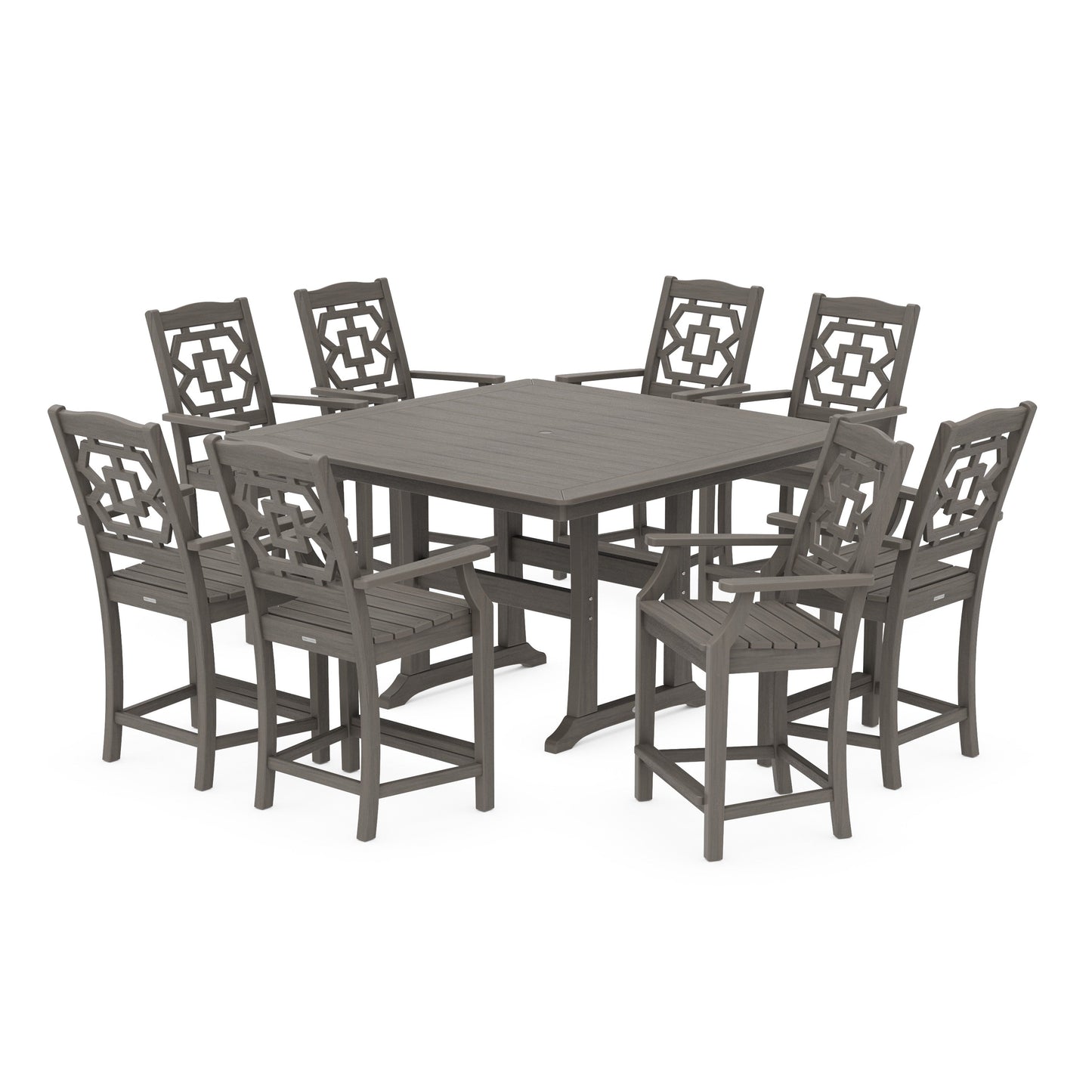 POLYWOOD Chinoiserie 9-Piece Square Counter Set with Trestle Legs — Driftwood