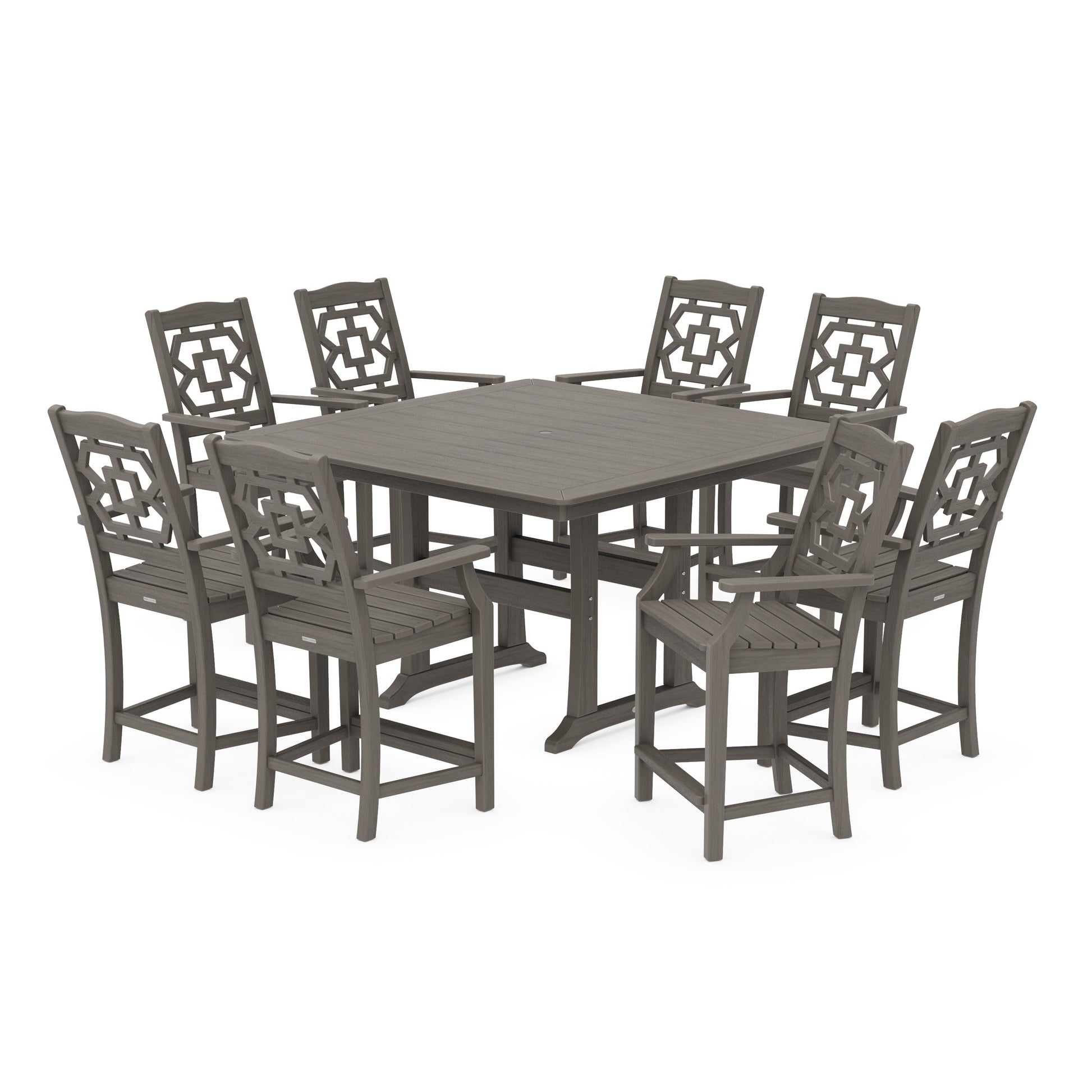 POLYWOOD Chinoiserie 9-Piece Square Counter Set with Trestle Legs — Driftwood