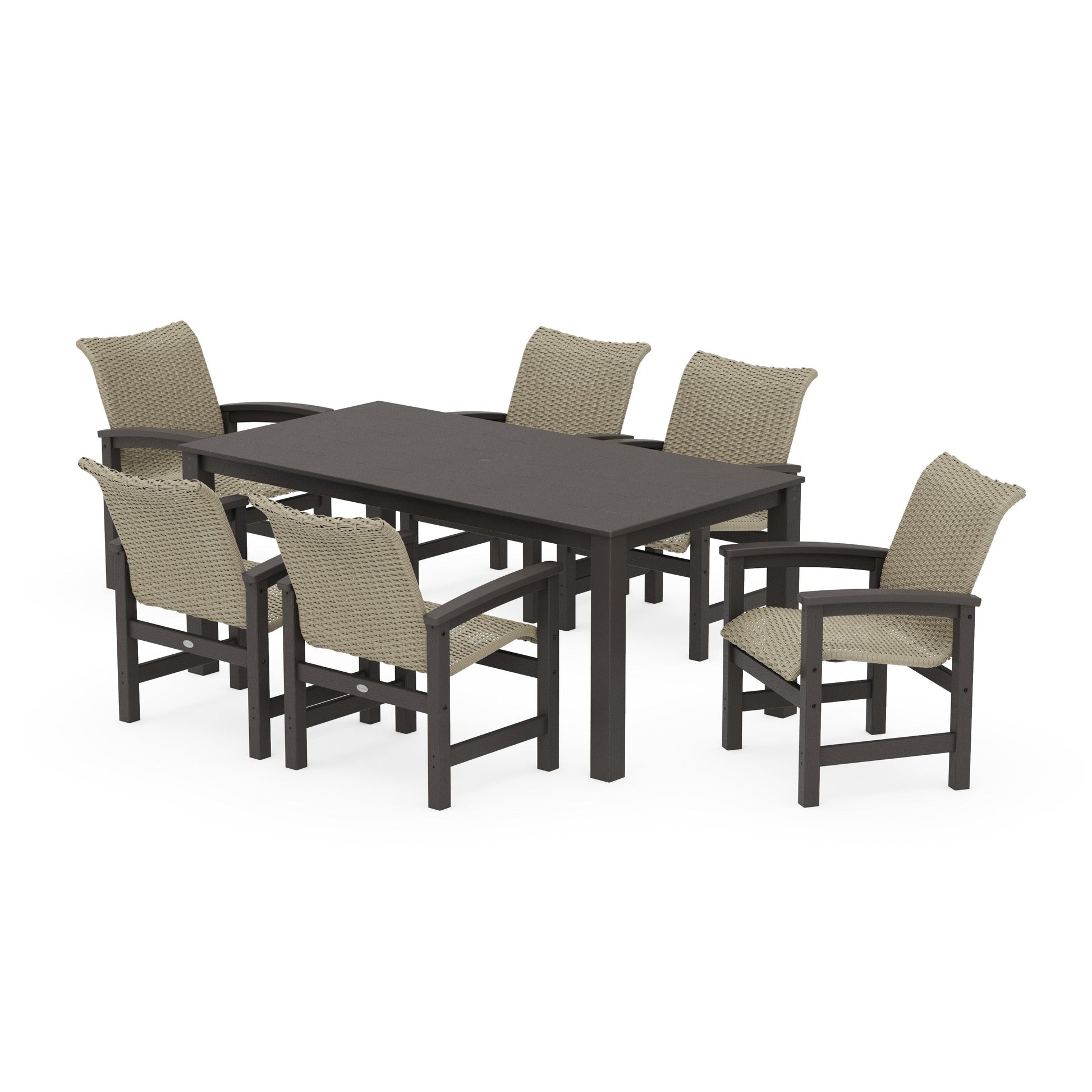POLYWOOD Coastal Woven Arm Chair 7-Piece Parsons Dining Set — Vintage Coffee / Dune Grass