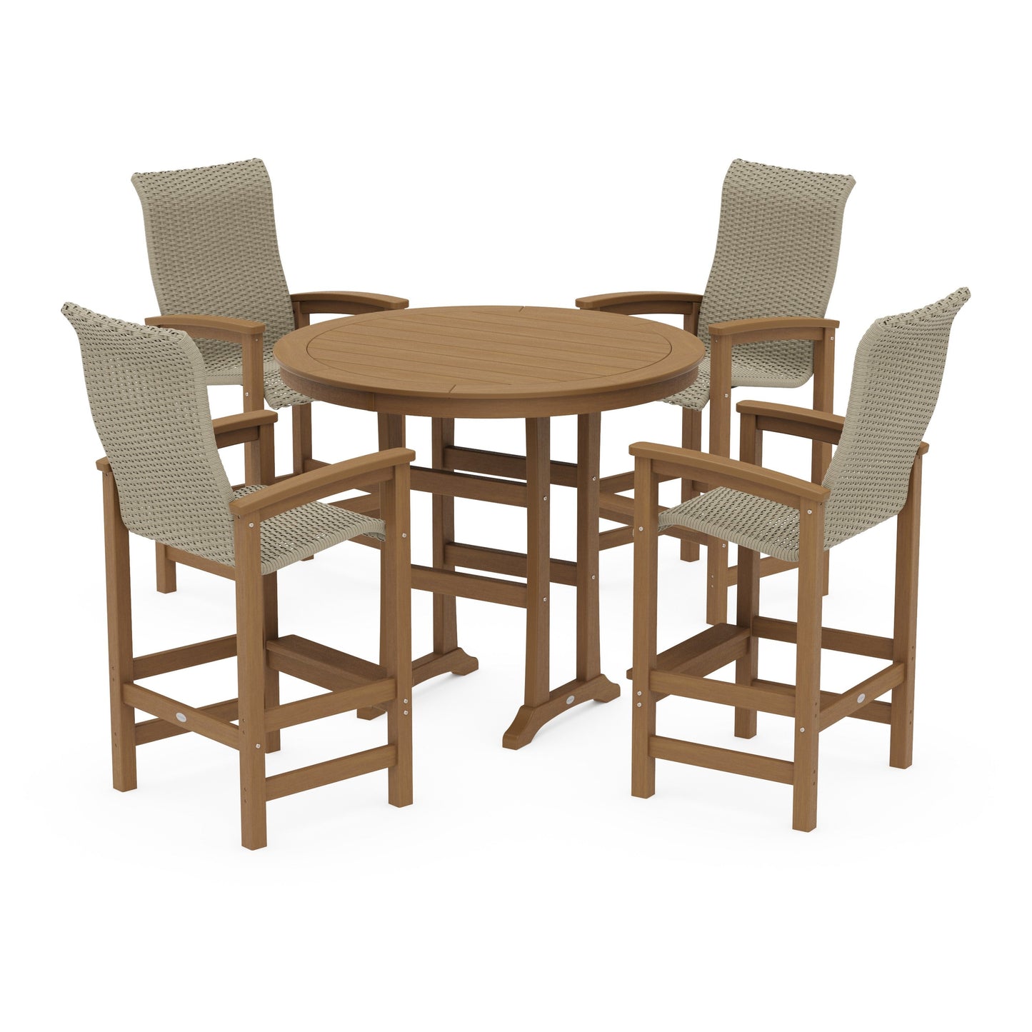POLYWOOD Coastal Woven High-Back 5-Piece Round Bar Set — Natural / Dune Grass