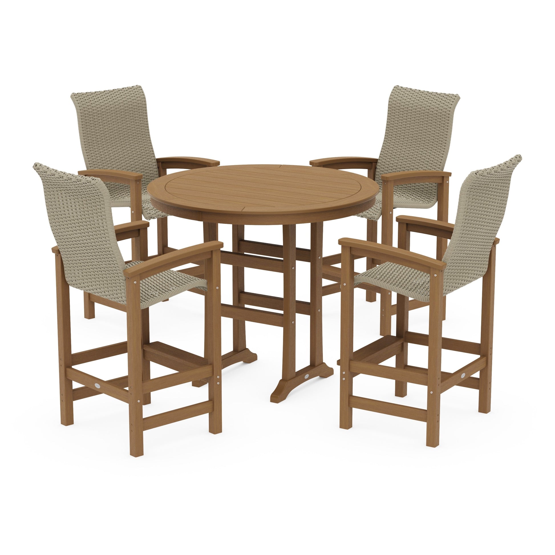 POLYWOOD Coastal Woven High-Back 5-Piece Round Bar Set — Natural / Dune Grass