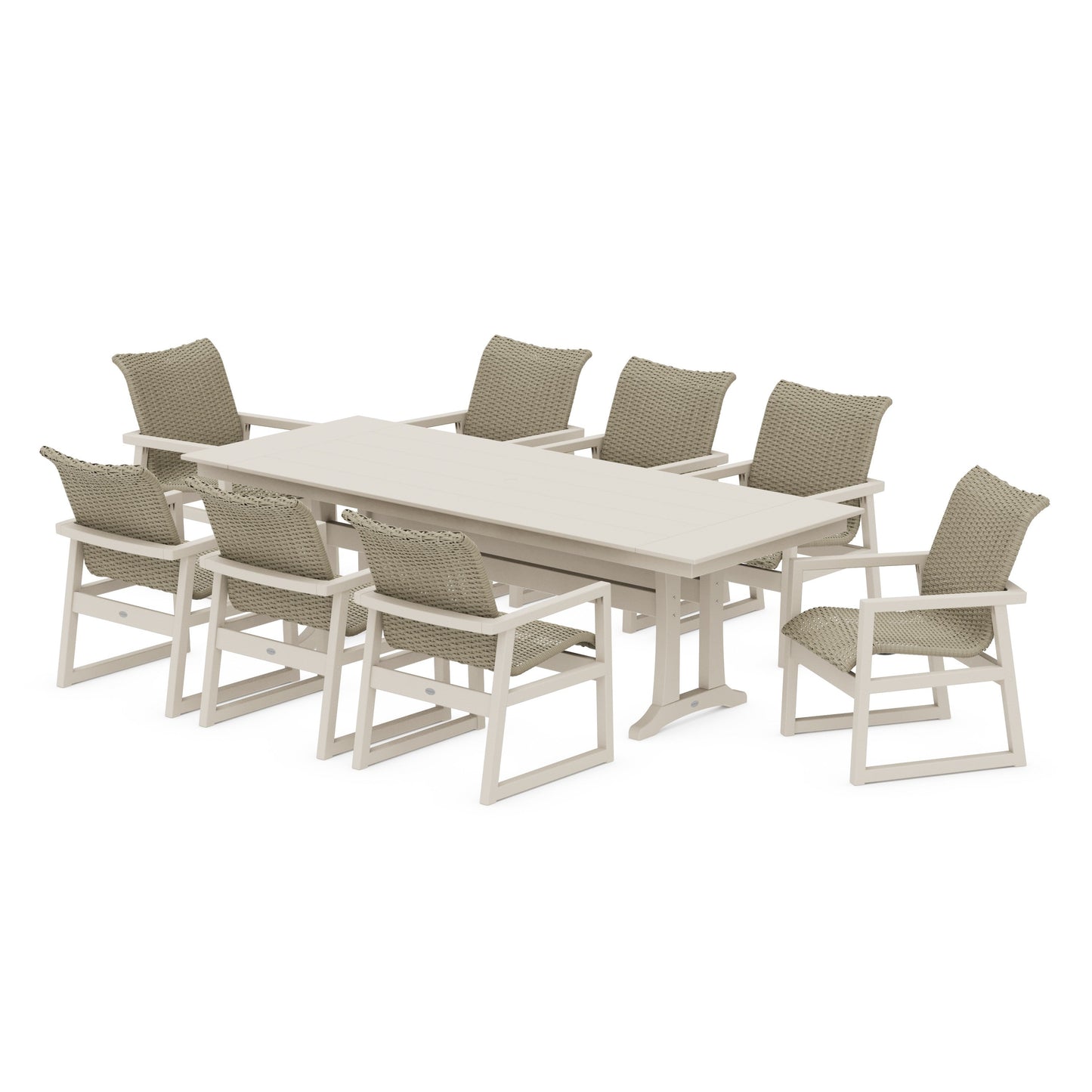 POLYWOOD EDGE Woven 9-Piece Farmhouse Dining Set with Trestle Legs — Sand / Dune Grass