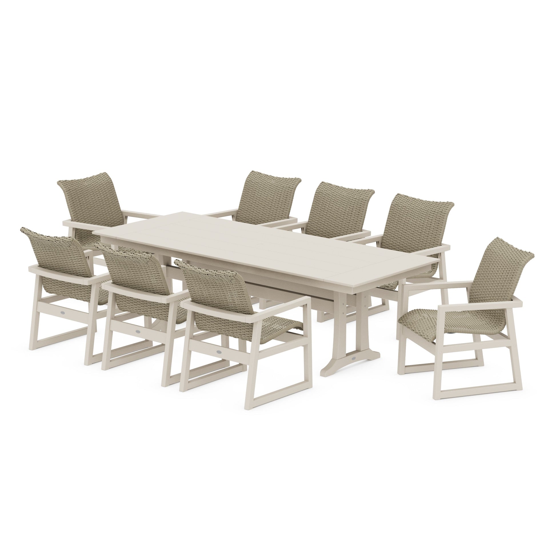 POLYWOOD EDGE Woven 9-Piece Farmhouse Dining Set with Trestle Legs — Sand / Dune Grass